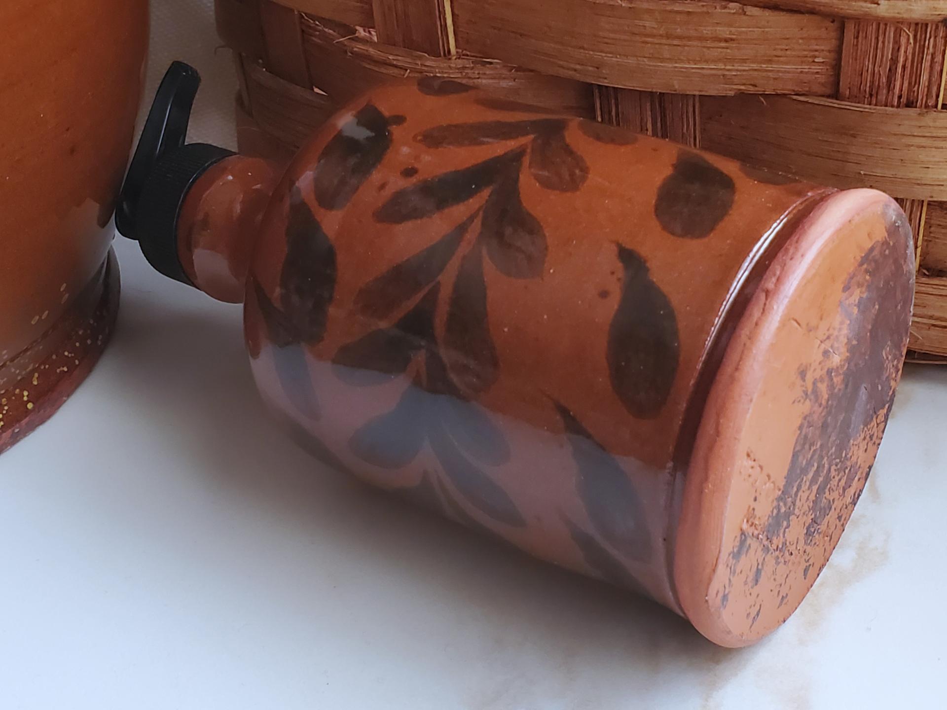 Redware Soap/Lotion Dispenser Bottle with Leaf Motif