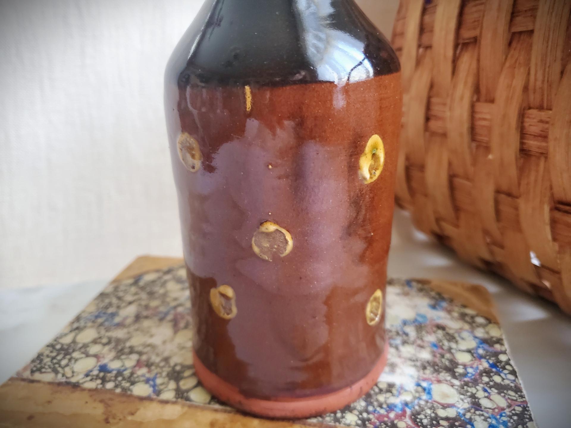 Redware Soap/Lotion Dispenser Bottle with Slip Dots and Black Glaze