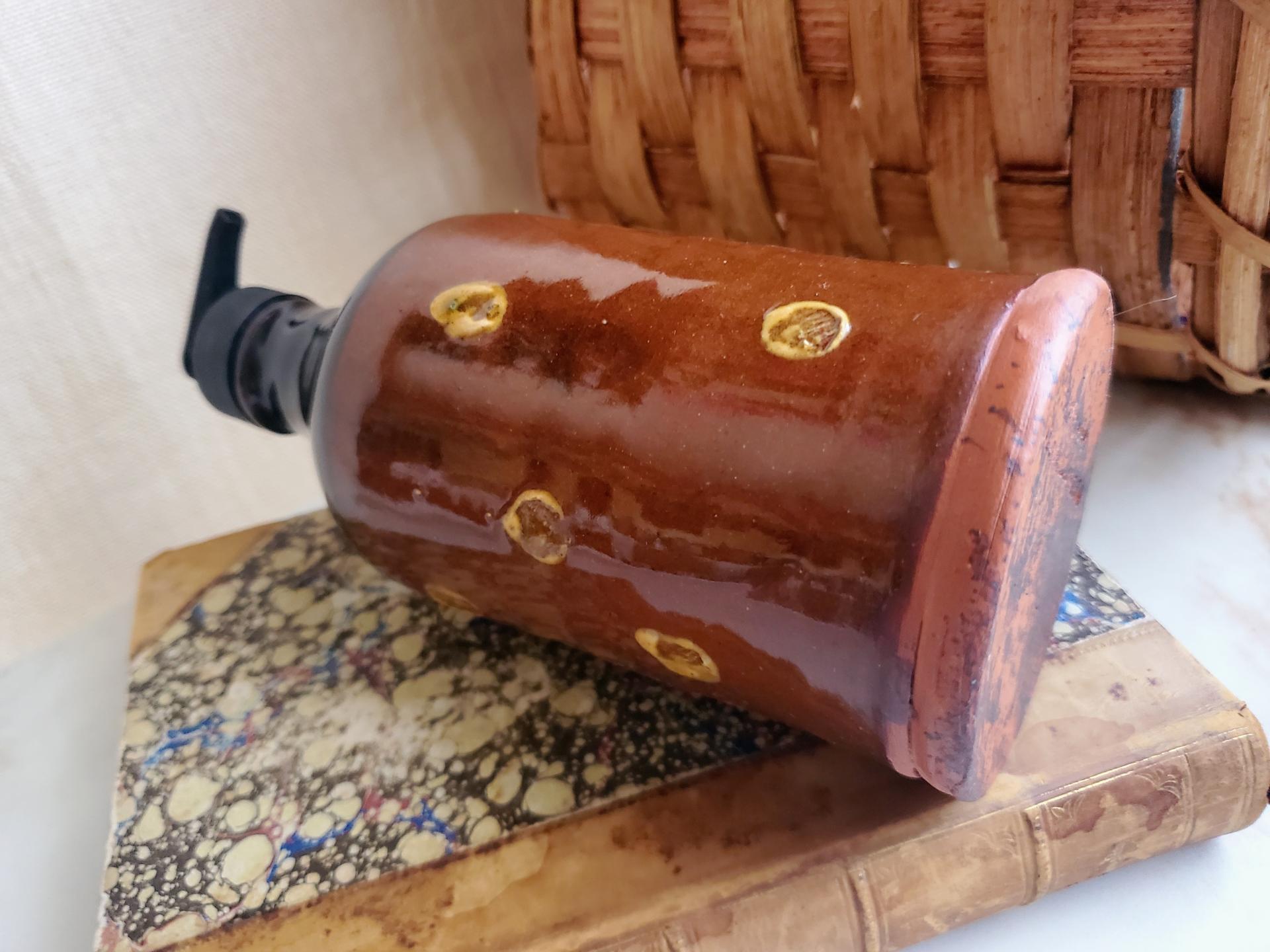 Redware Soap/Lotion Dispenser Bottle with Slip Dots and Black Glaze