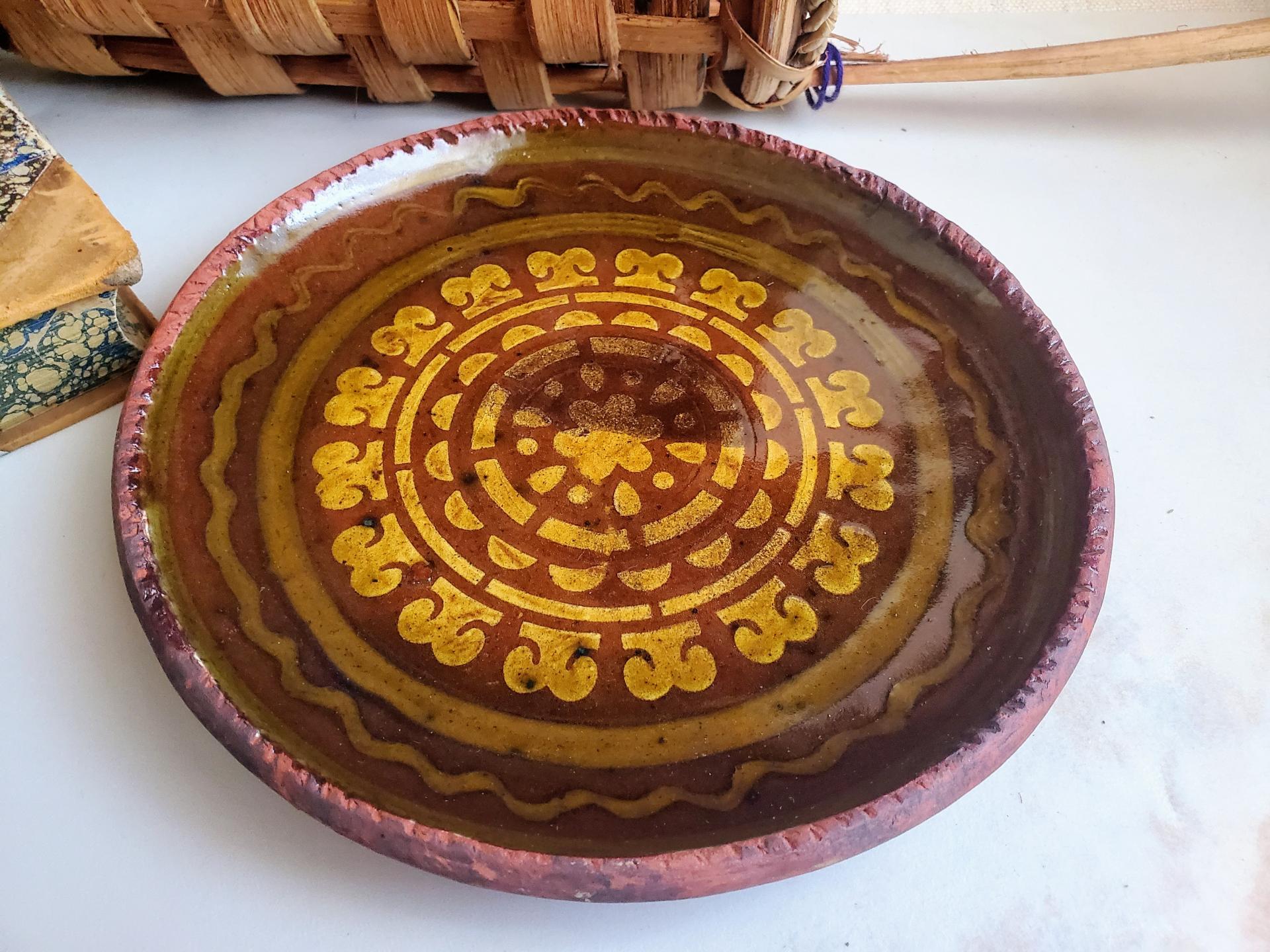 Redware 7 in. Plate with Green and Golden Slip Decoration