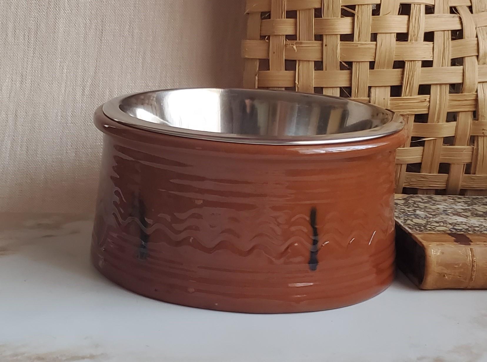 Large Redware Pet Food Bowl with Stainless Steel Insert, Gray Drips and lead Free Glaze