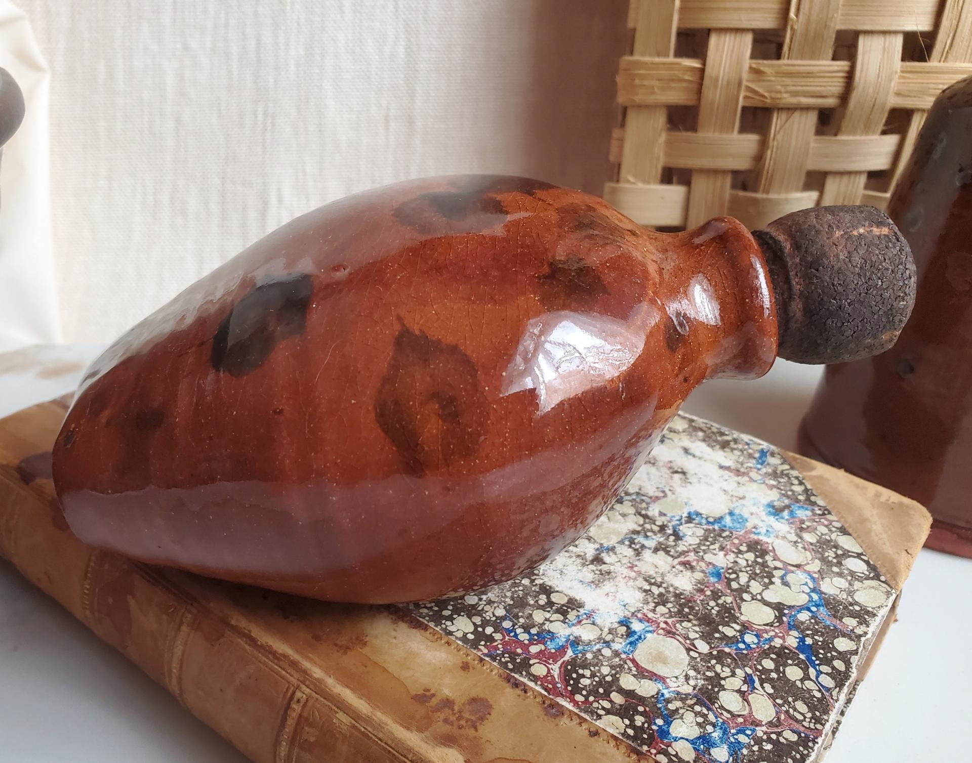 Redware Flask with Black Splotches