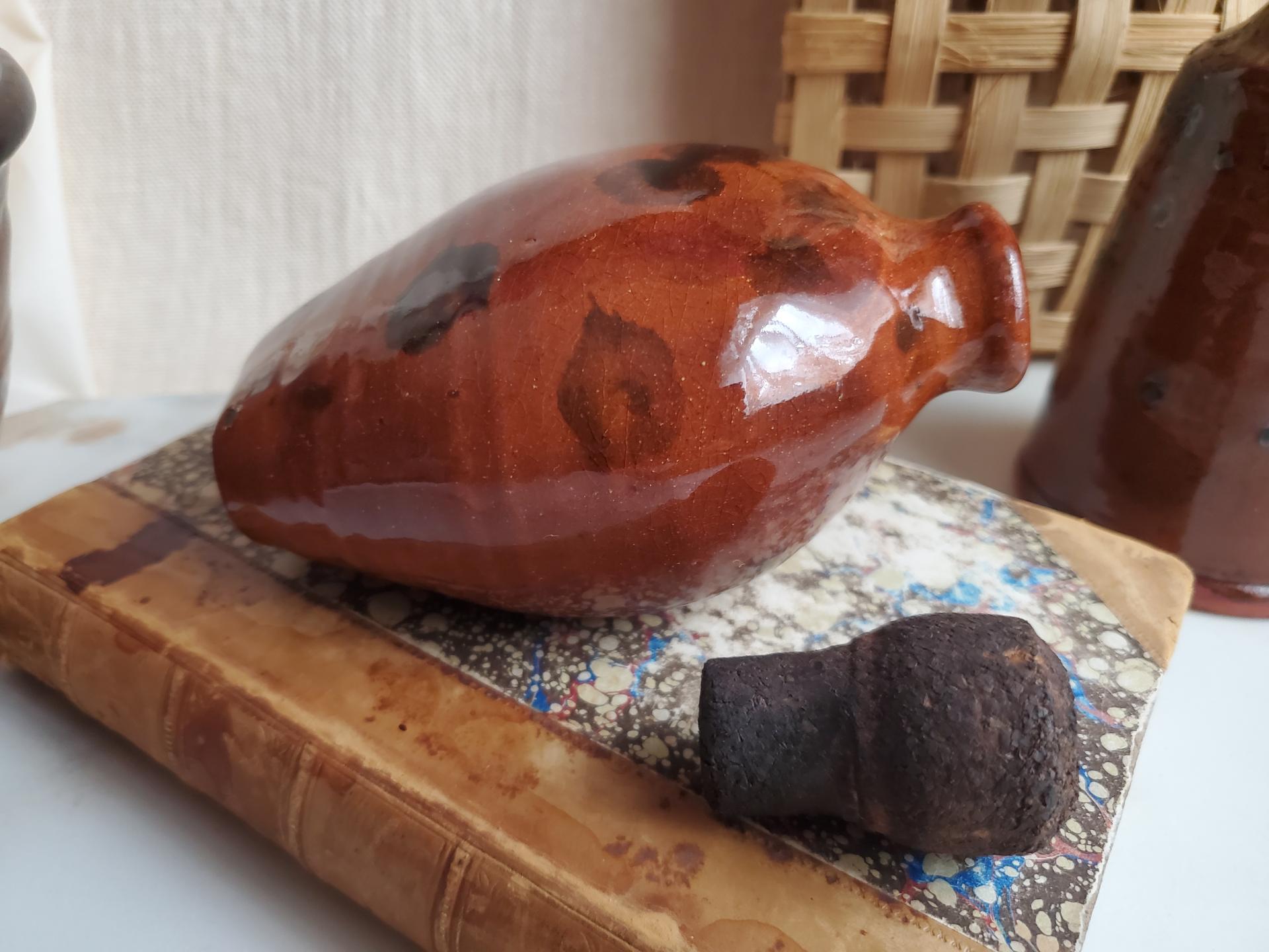 Redware Flask with Black Splotches