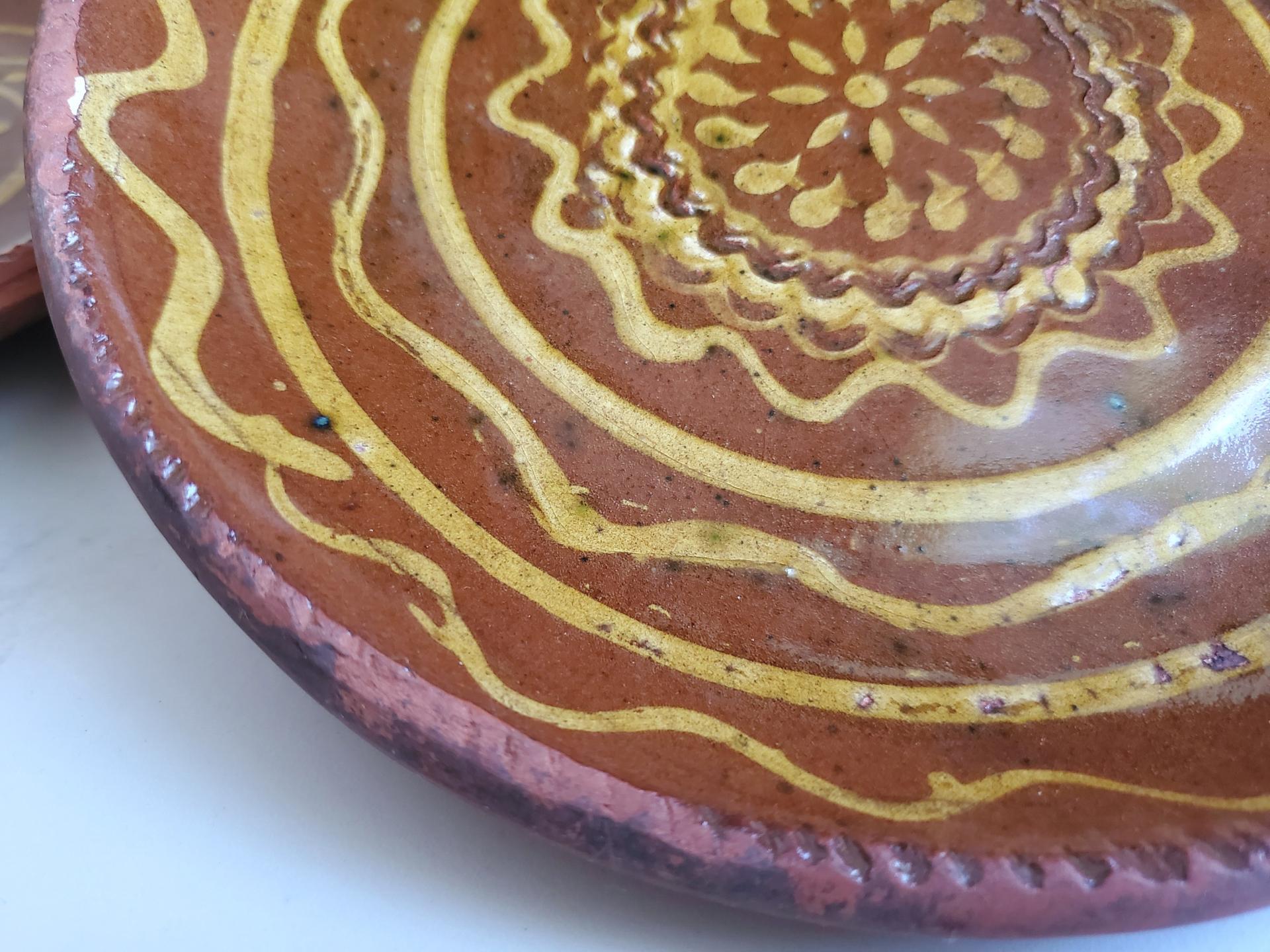 Unique Drape-Molded Redware 9 in. Plate with Golden Slip Design, Food Safe and Lead Free
