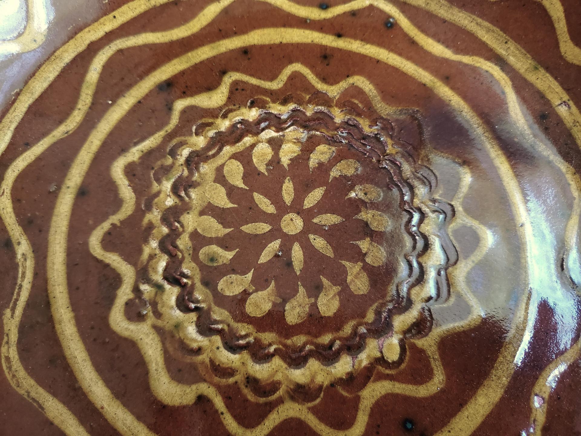 Unique Drape-Molded Redware 9 in. Plate with Golden Slip Design, Food Safe and Lead Free