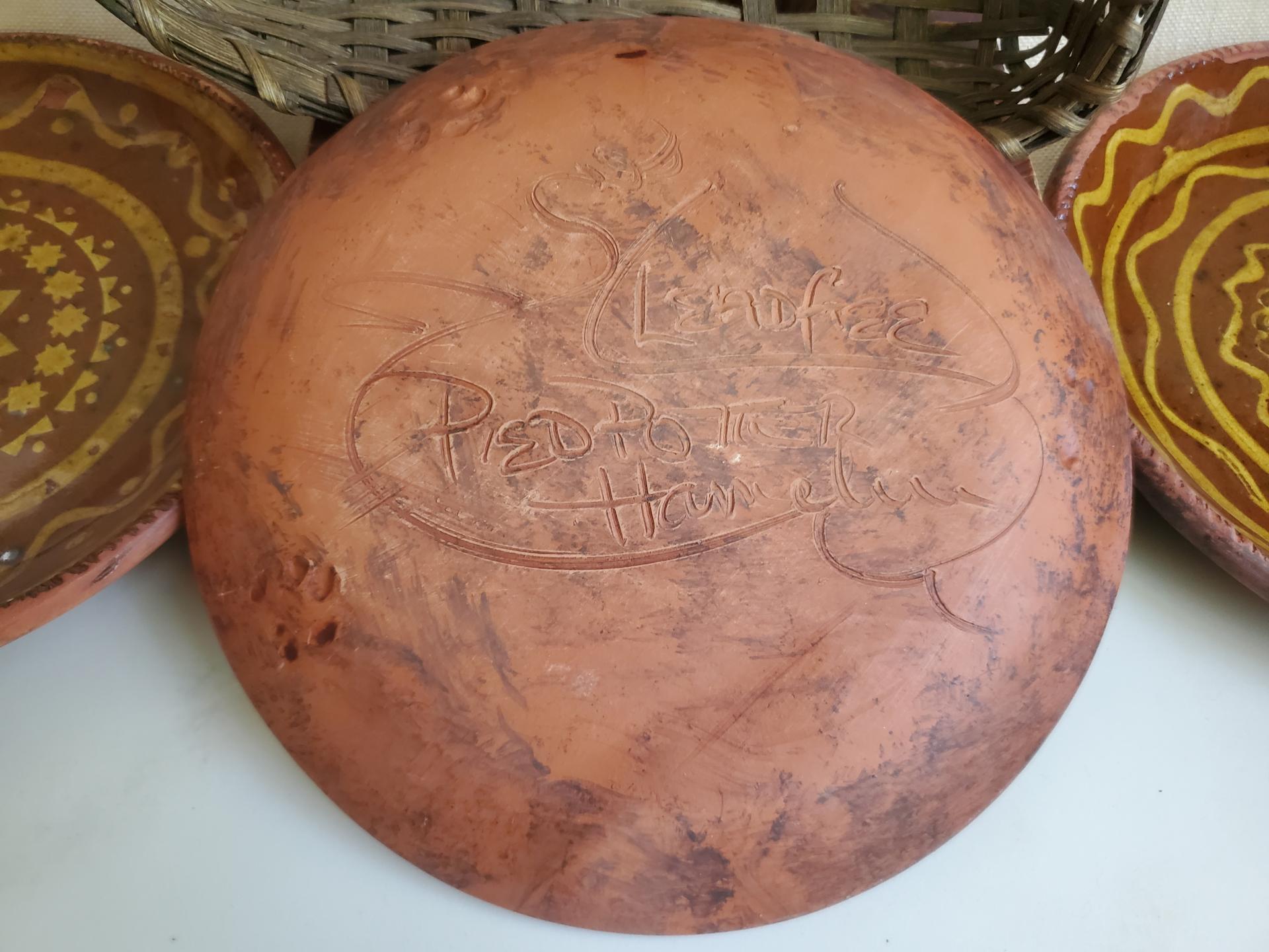 Unique Drape-Molded Redware 9 in. Plate with Golden Slip Design, Food Safe and Lead Free
