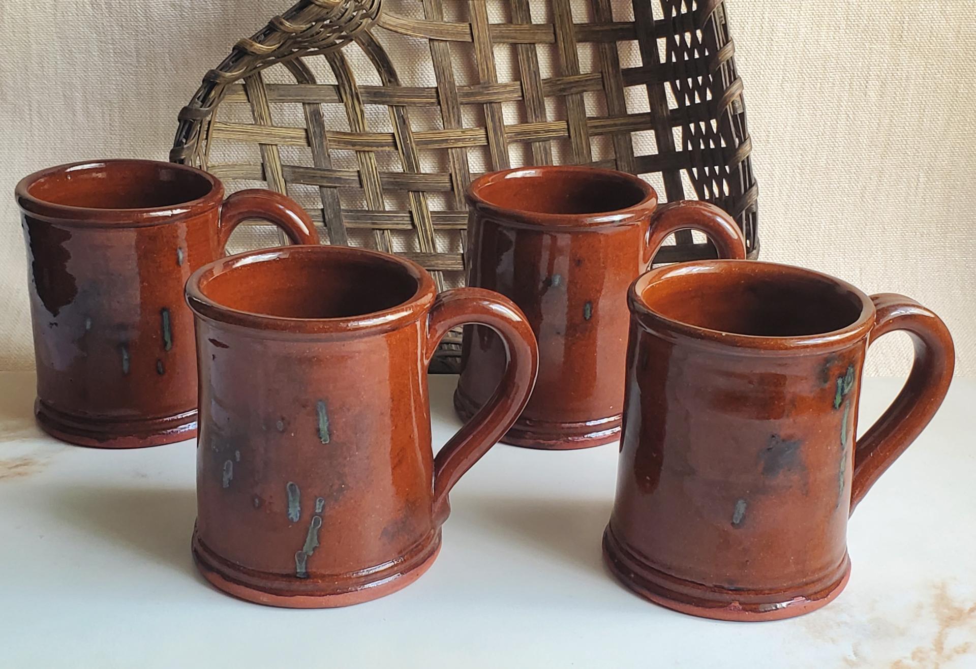 Handmade Redware Mugs (4) with Spangles by Pied Potter Hamelin