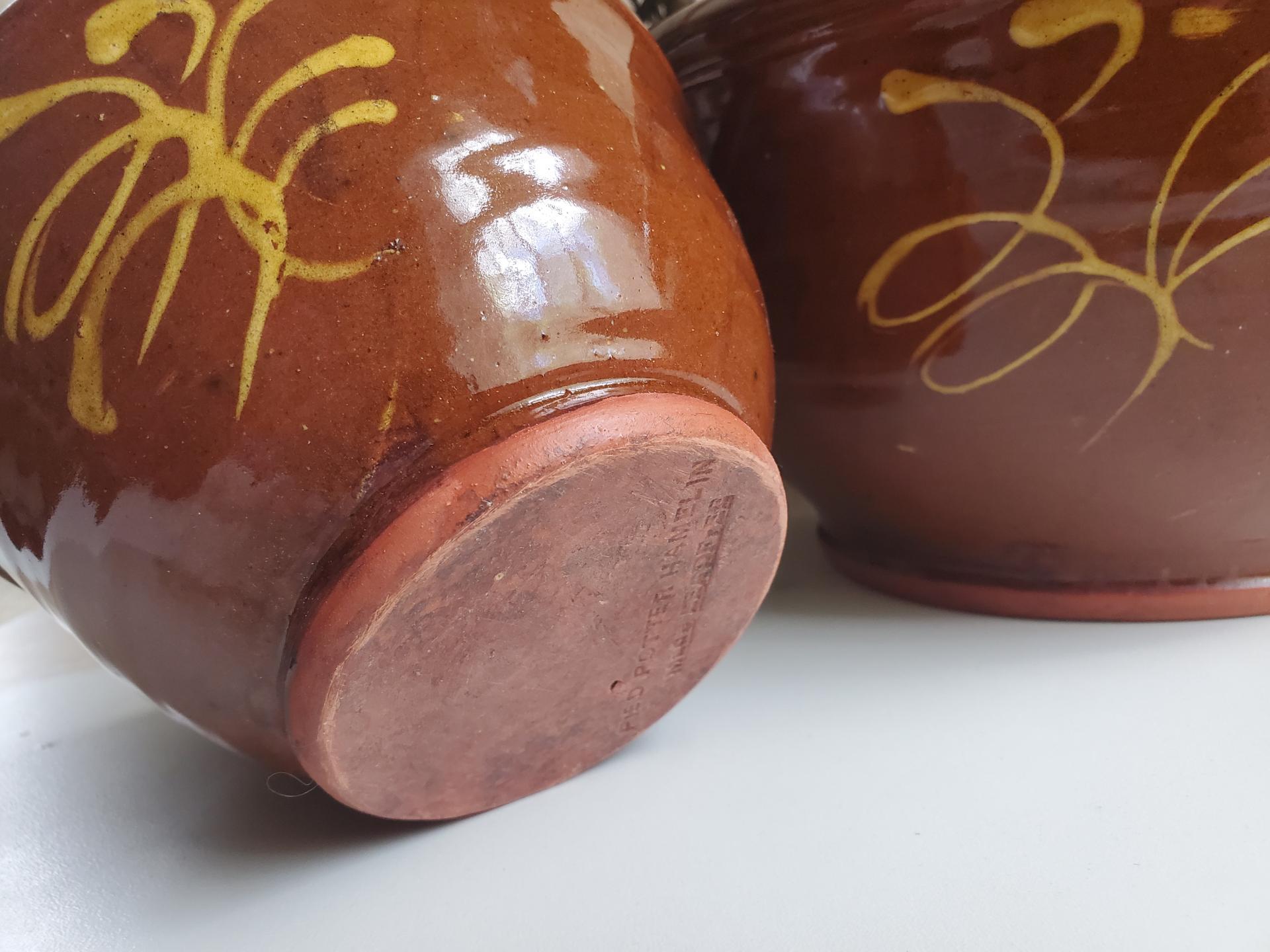 Redware Nesting Bowls in Feather Motif Set - Hand-Glazed and Antiqued Finish