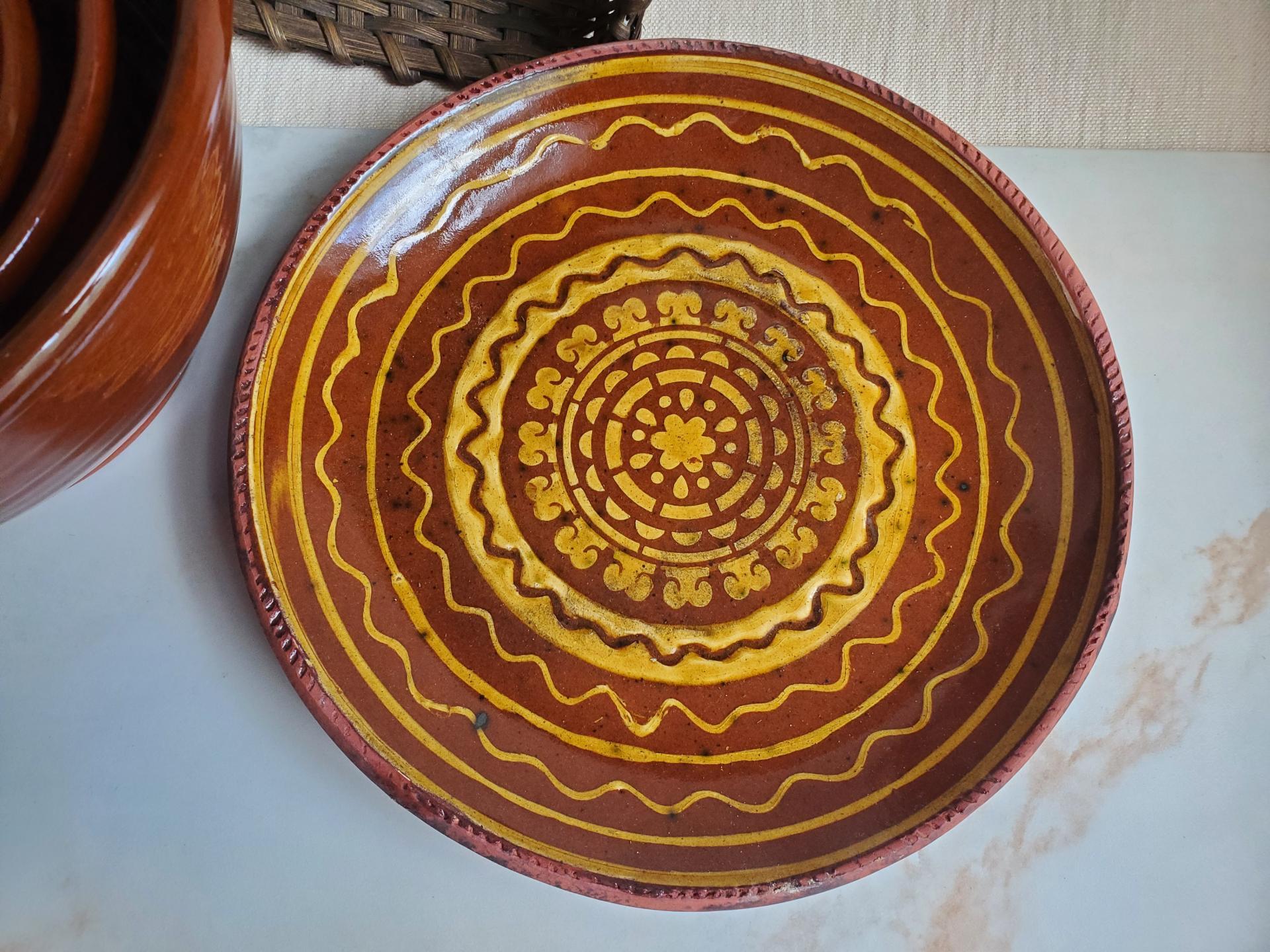 Redware Plate 11 in., Aged Look, Speckled and Slipped Details by Pied Potter Hamelin