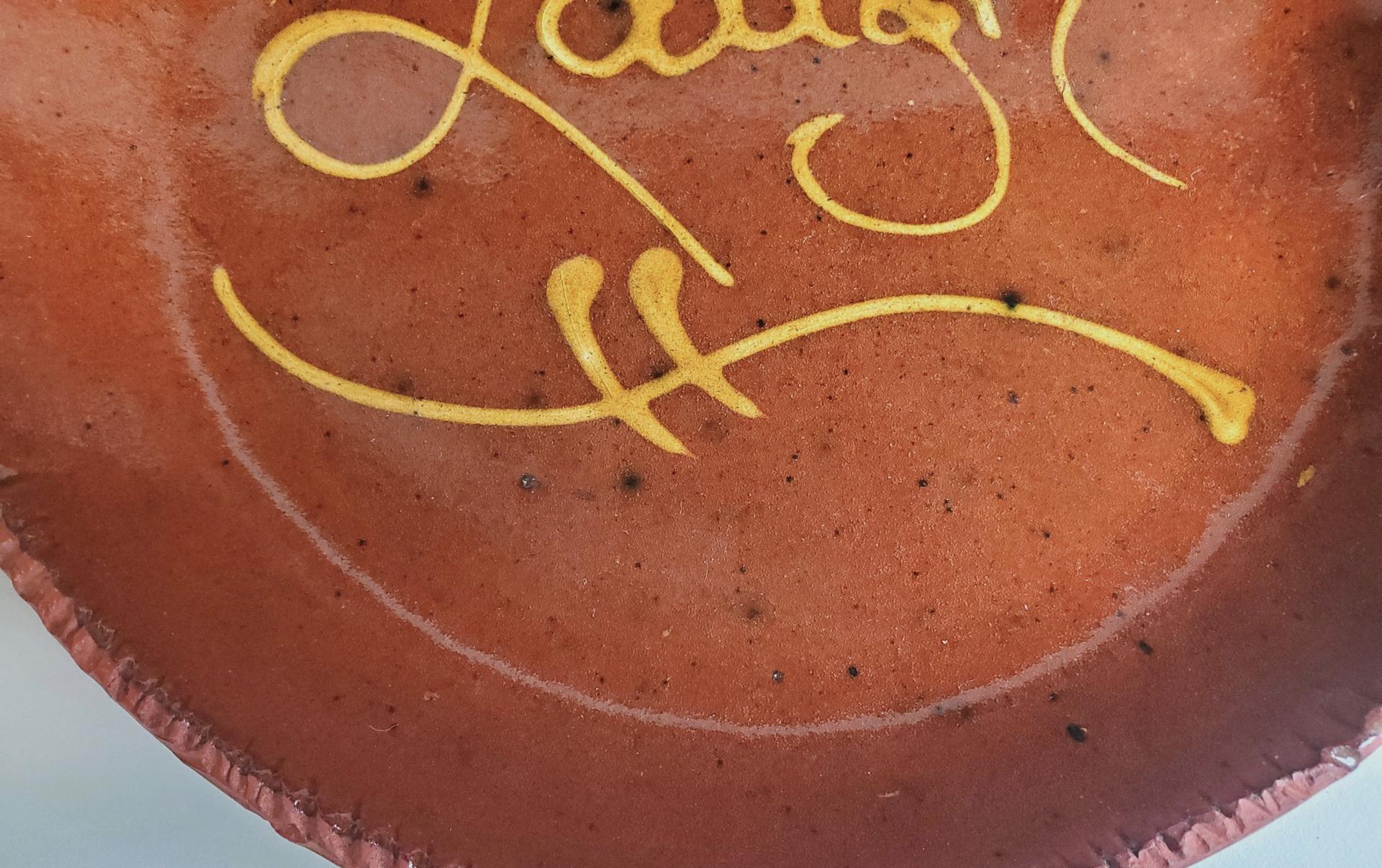Unique Redware 9 in. Plate with Golden Slip Design, Food Safe and Lead Free