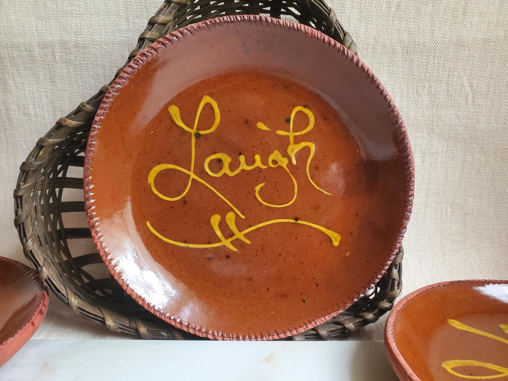 Unique Redware 9 in. Plate with Golden Slip Design, Food Safe and Lead Free