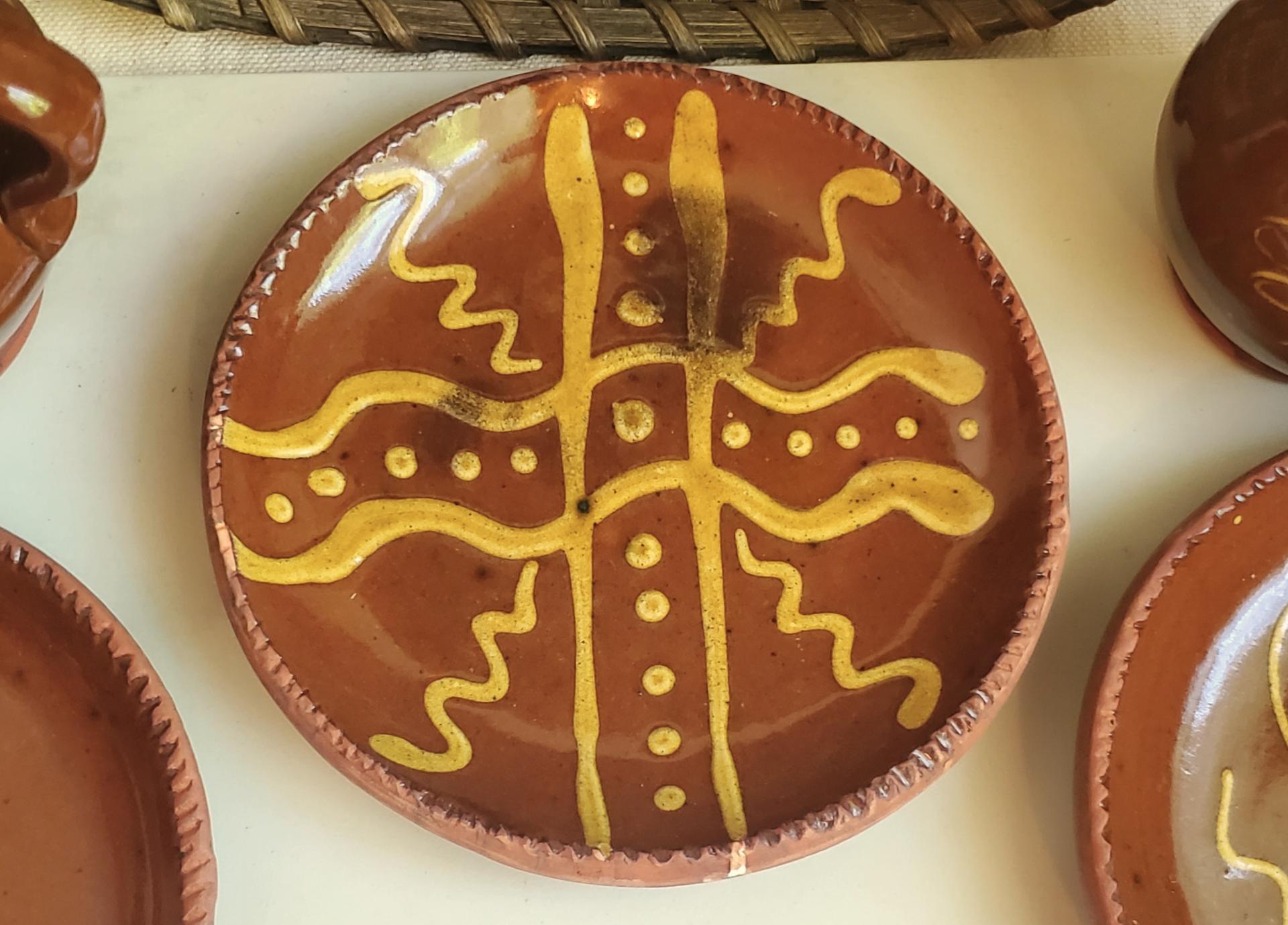 Redware 7 in. Plate with Golden Slip Motif, Food Safe, Antiqued