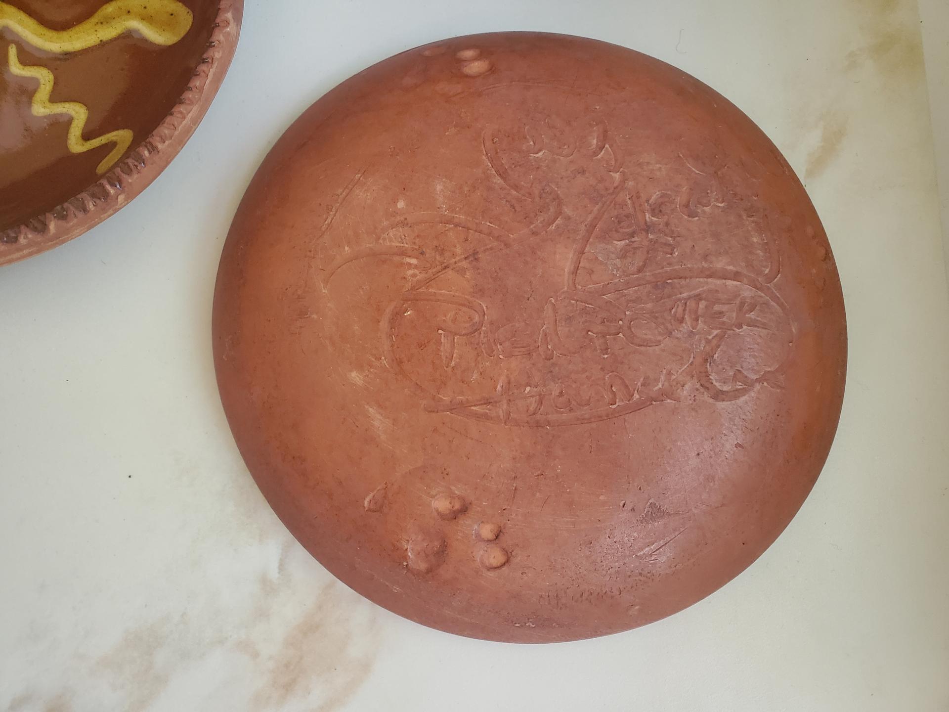 Redware 7 in. Plate with Golden Slip Motif, Food Safe, Antiqued