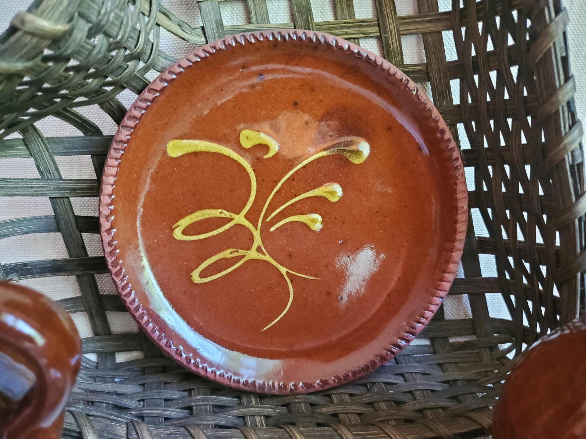 Redware 7 in. Plate with Golden Slip "Feather" Motif, Food Safe, Antiqued