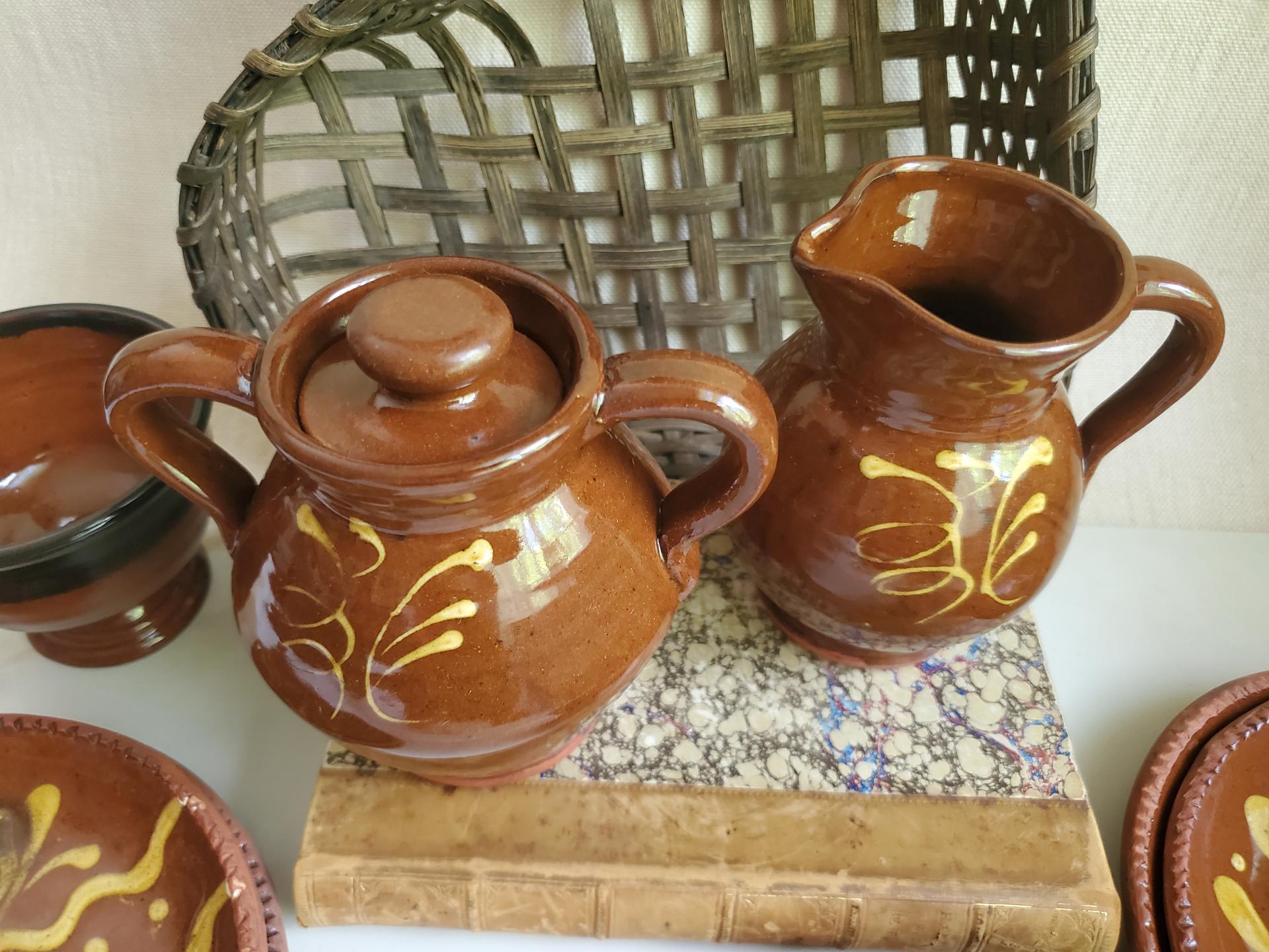 Sugar and Creamer Set with Slip Trailing Pattern, Antiqued, by Pied Potter Hamelin (B)