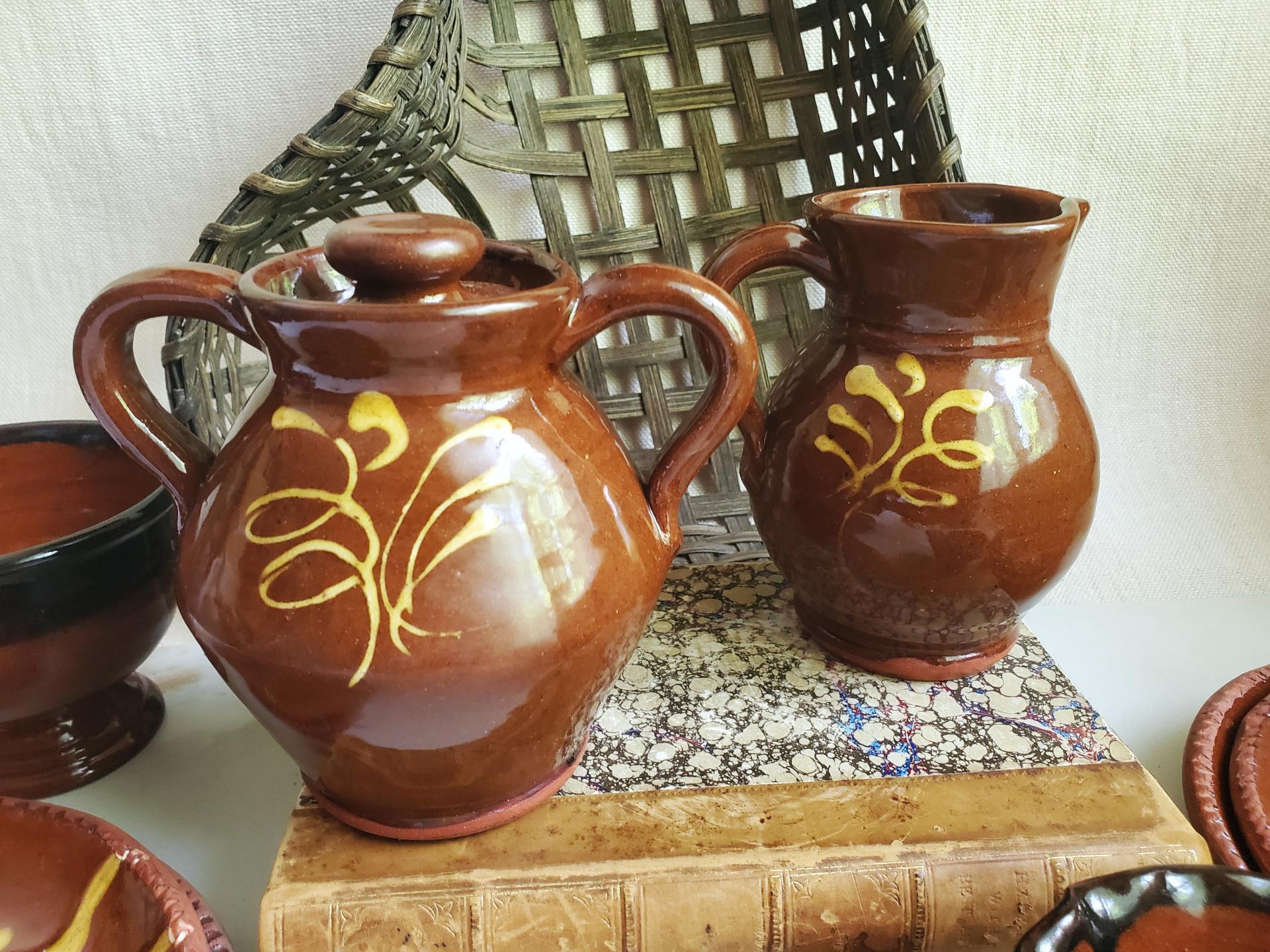 Sugar and Creamer Set with Slip Trailing Pattern, Antiqued, by Pied Potter Hamelin (B)