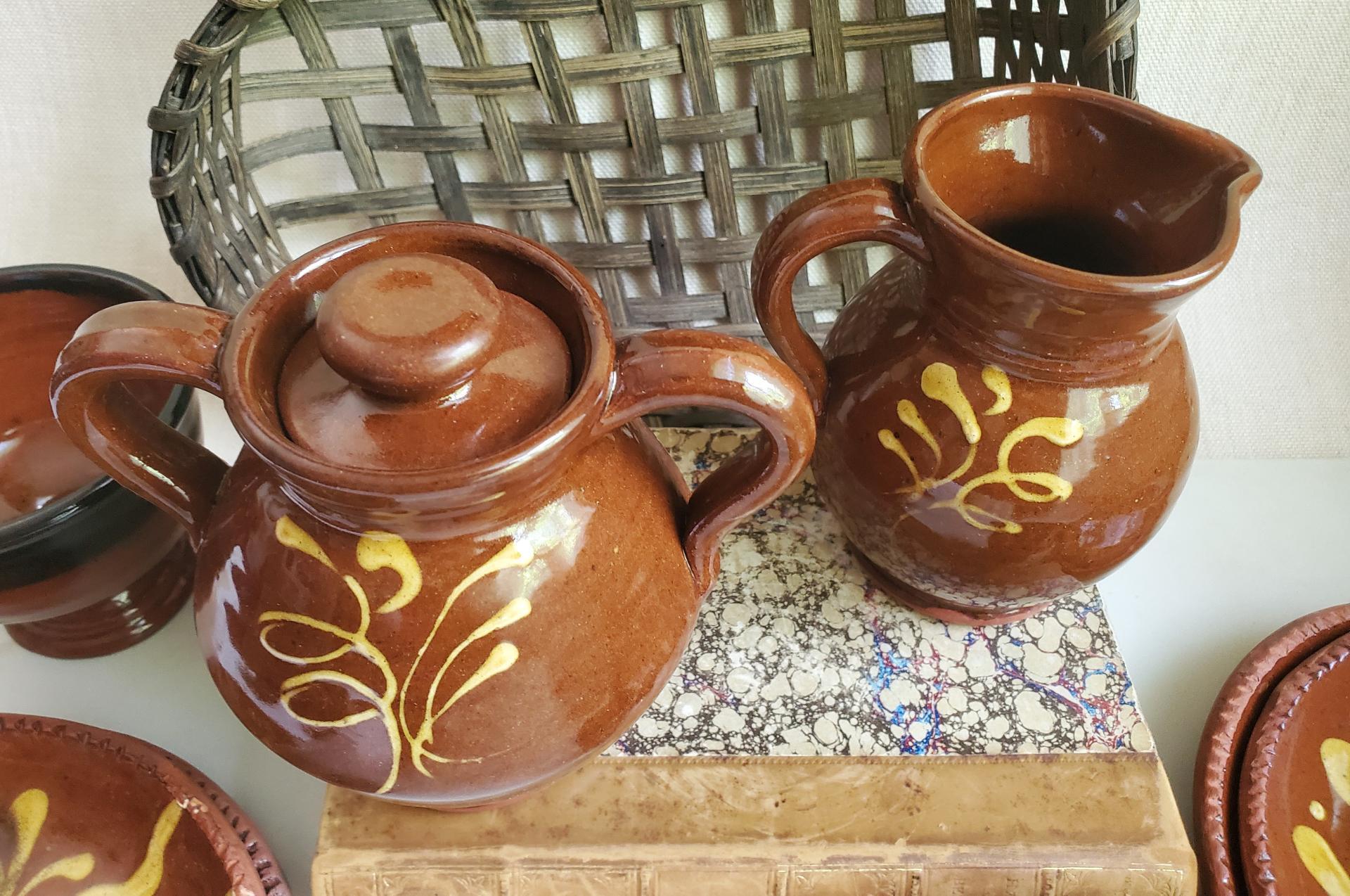 Sugar and Creamer Set with Slip Trailing Pattern, Antiqued, by Pied Potter Hamelin (B)