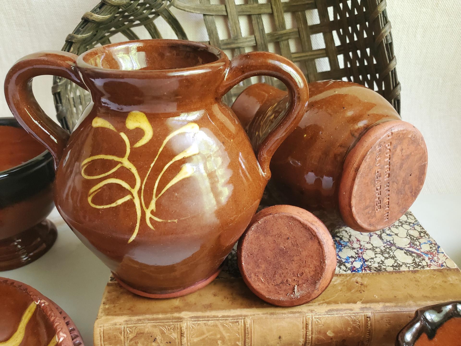 Sugar and Creamer Set with Slip Trailing Pattern, Antiqued, by Pied Potter Hamelin (B)
