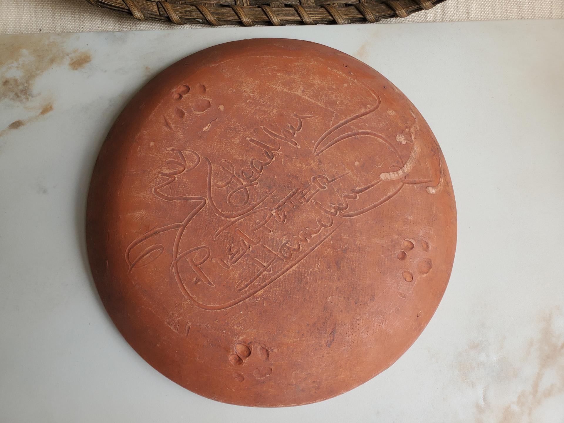 Redware 9 in. Plate with "Feather" Golden Slip Motif, Food Safe, Antiqued