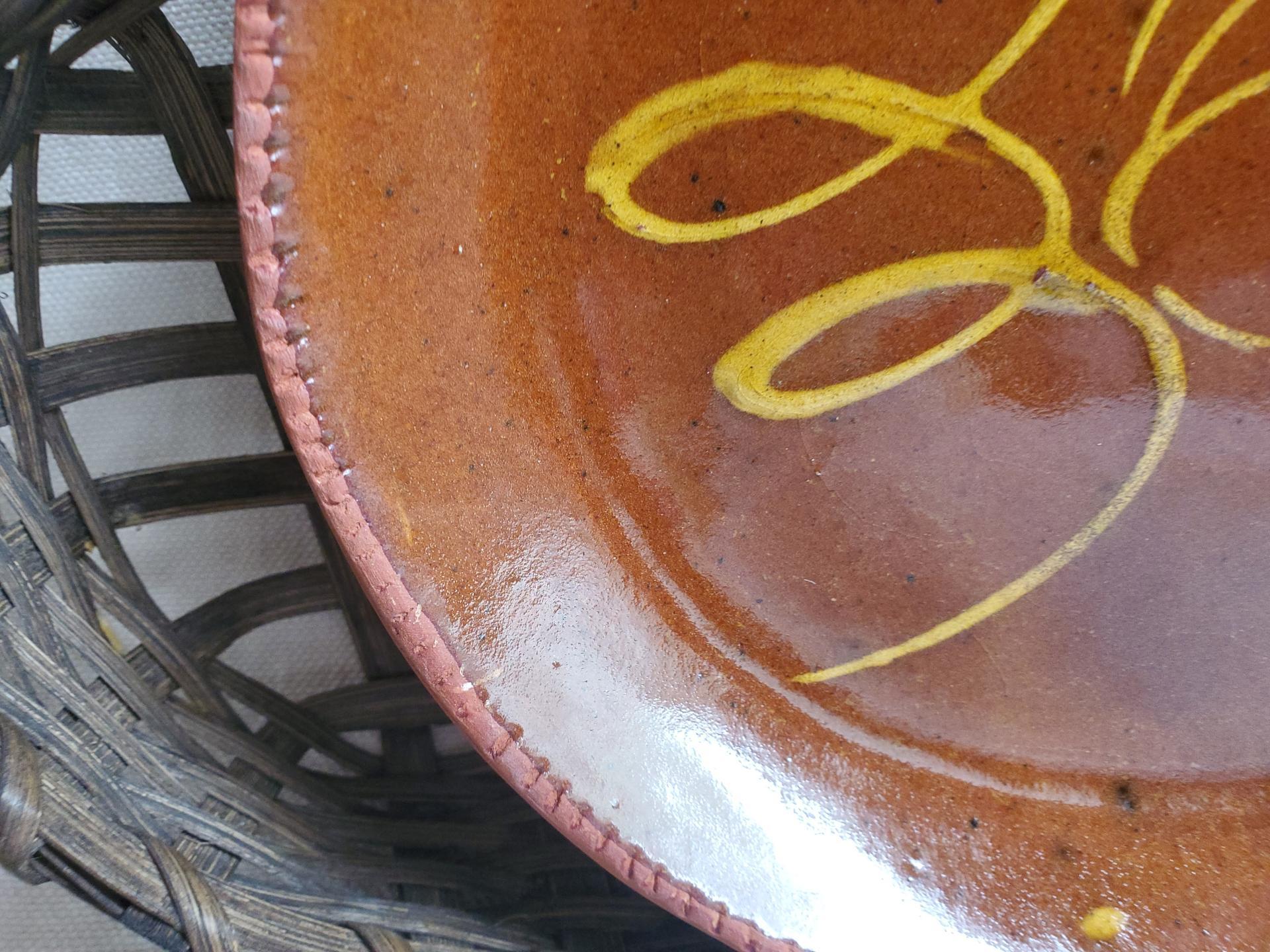 Redware 9 in. Plate with "Feather" Golden Slip Motif, Food Safe, Antiqued