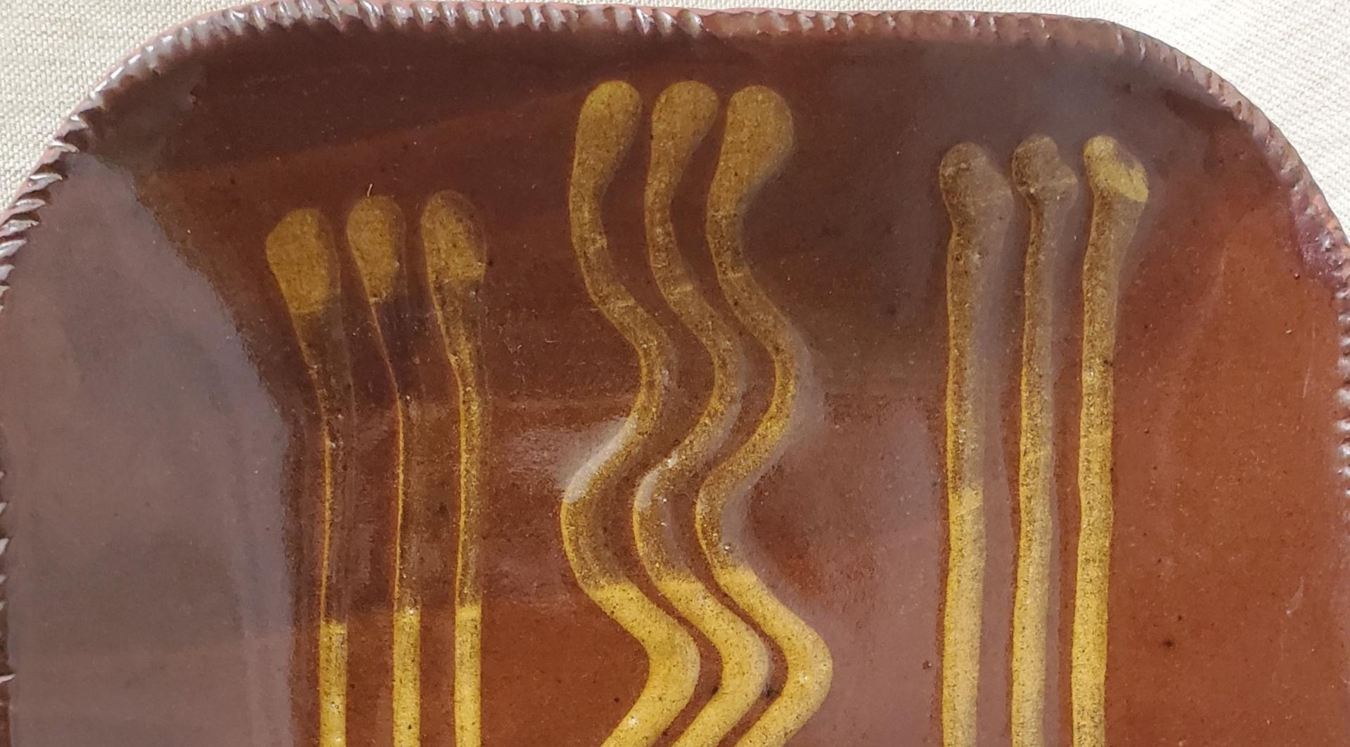 Handcrafted Rectangular Redware Platter with Golden Slip Pattern, Food Safe, Antiqued