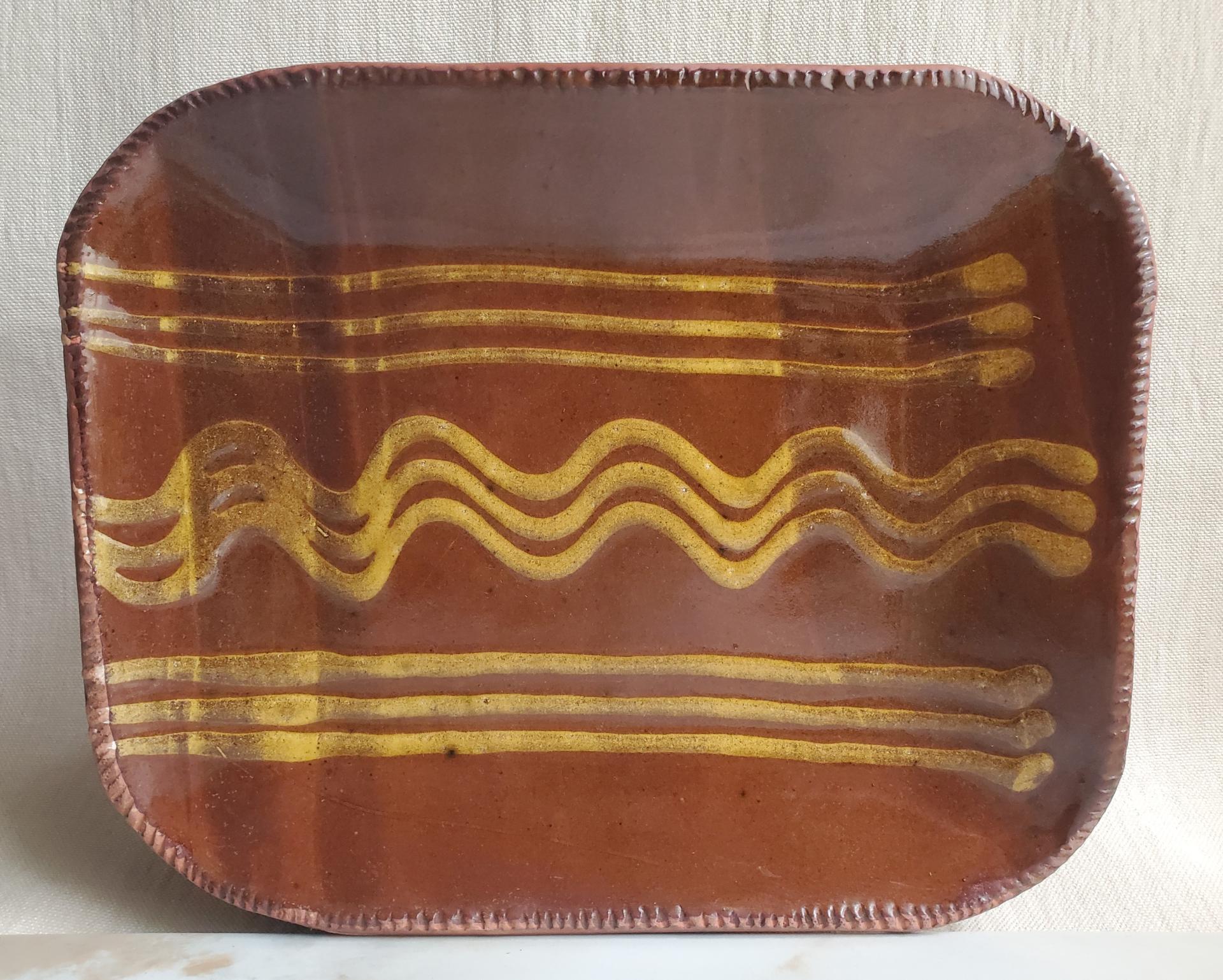 Handcrafted Rectangular Redware Platter with Golden Slip Pattern, Food Safe, Antiqued