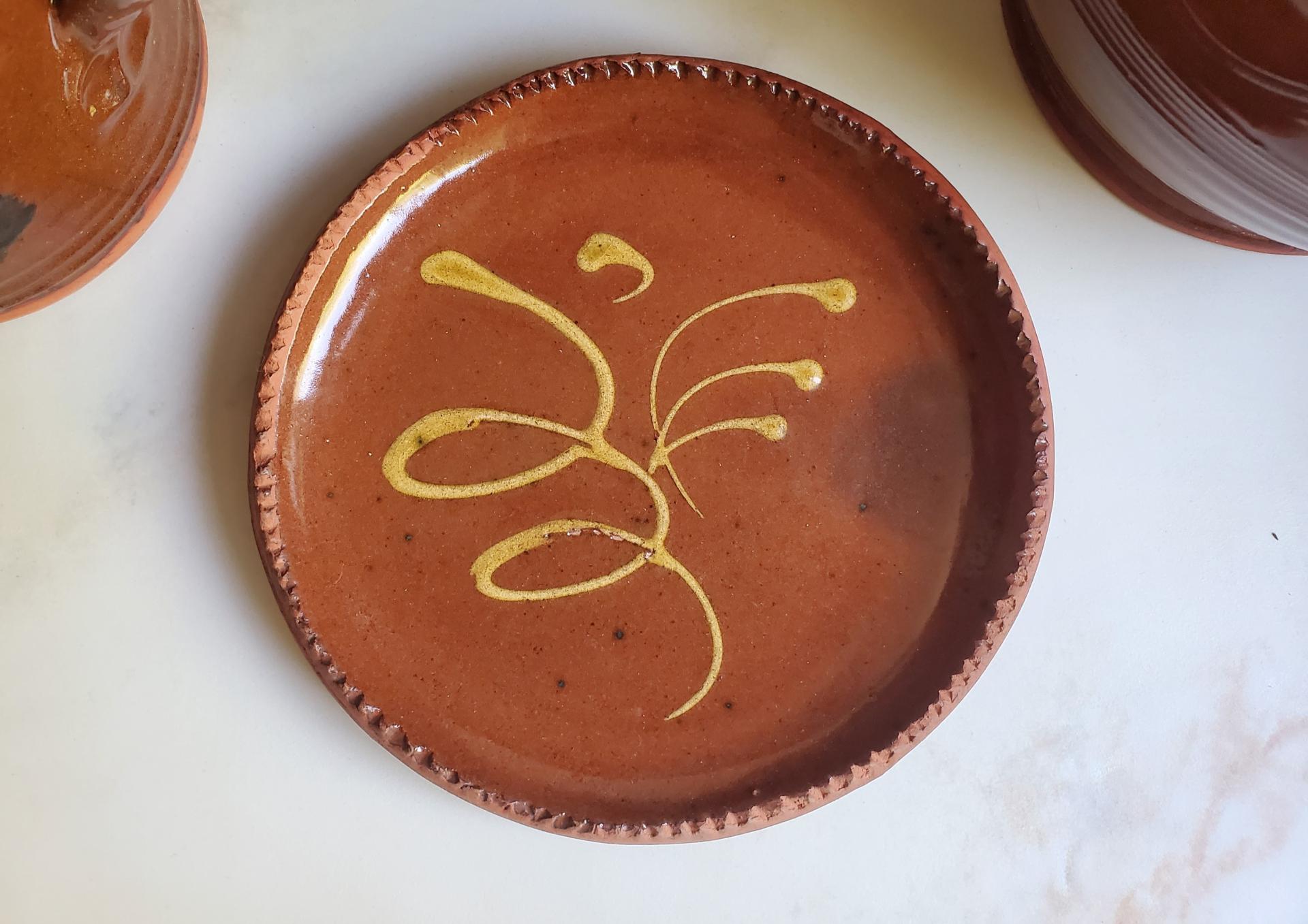 Redware 7 in. Plate with Feather Golden Slip Motif, Food Safe, Antiqued