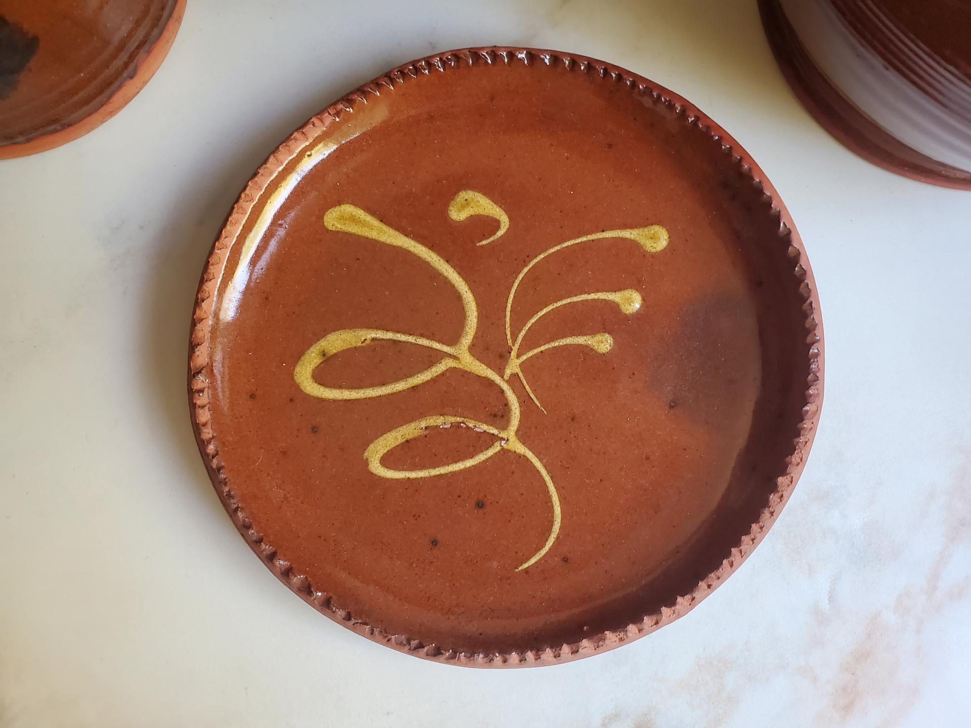 Redware 7 in. Plate with Feather Golden Slip Motif, Food Safe, Antiqued