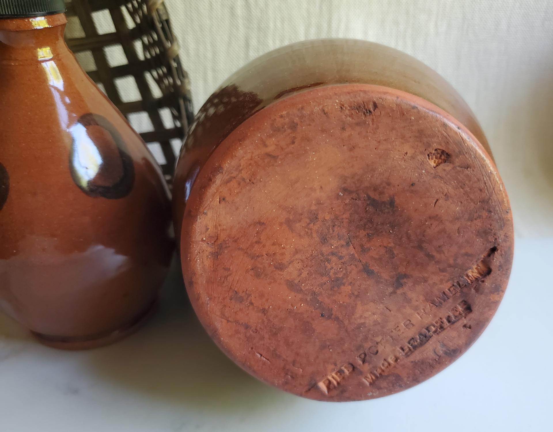 Redware Pitcher by Pied Potter Hamelin, Lead-Free Glaze Spangles, Signed Antiqued