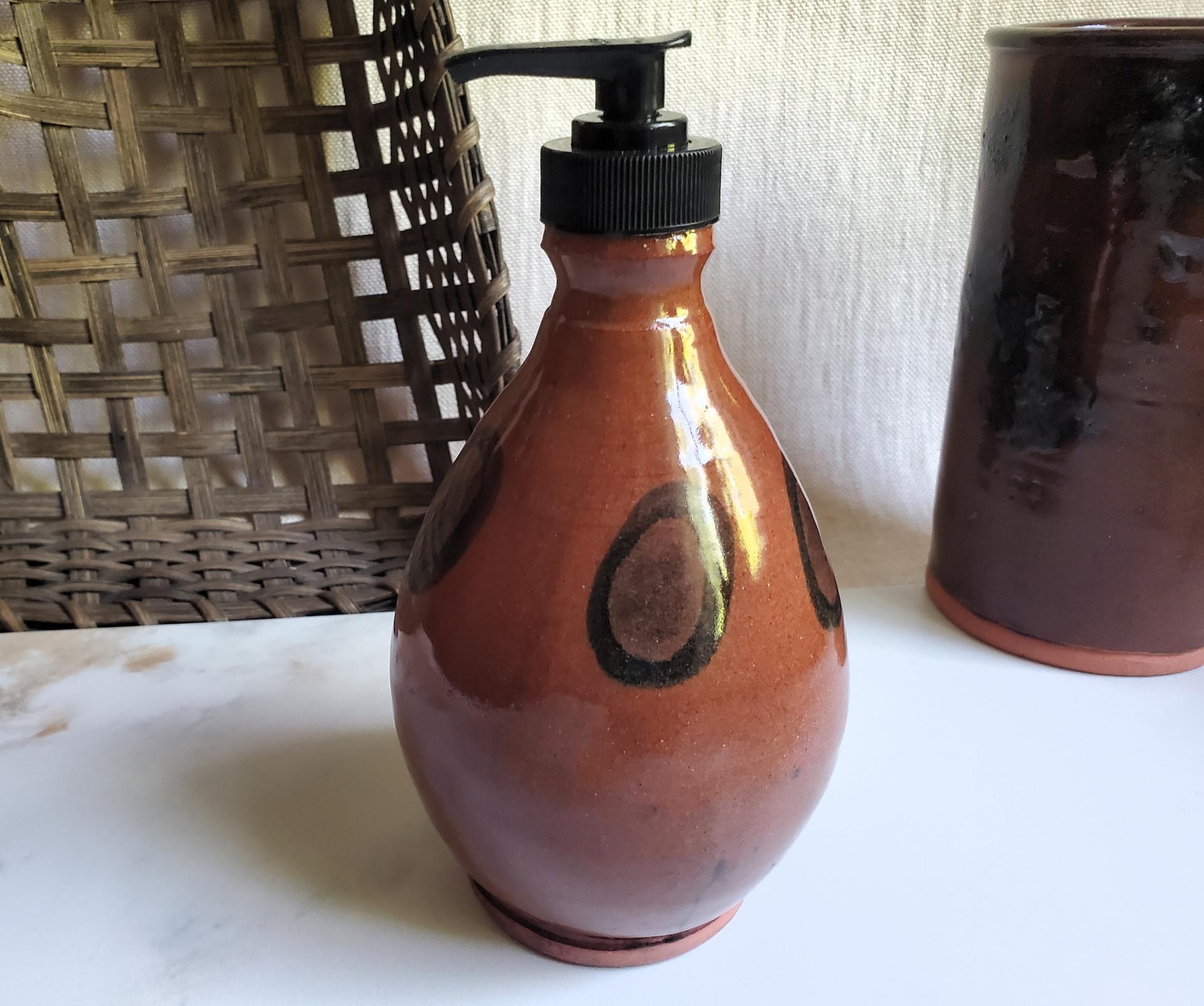 Redware Soap or Lotion Pump Dispenser, Handmade by Rick of Pied Potter Hamelin, Featuring Dapples