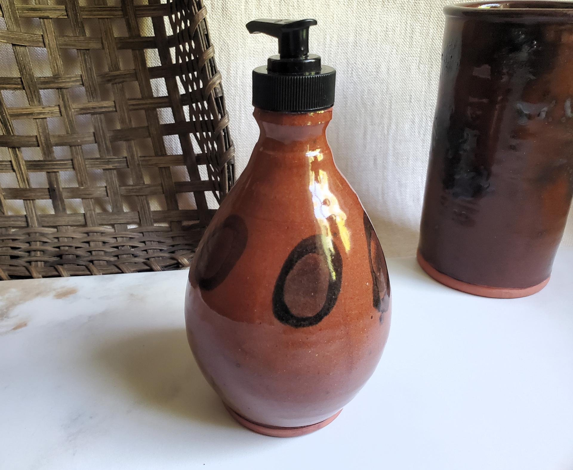 Redware Soap or Lotion Pump Dispenser, Handmade by Rick of Pied Potter Hamelin, Featuring Dapples