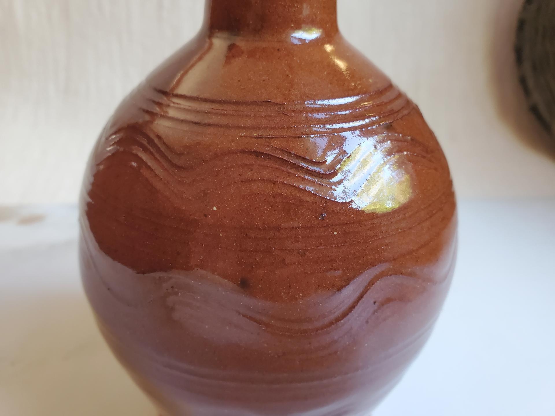 Redware Soap Dispenser, Wheel-Thrown, Antiqued, Incised Pattern