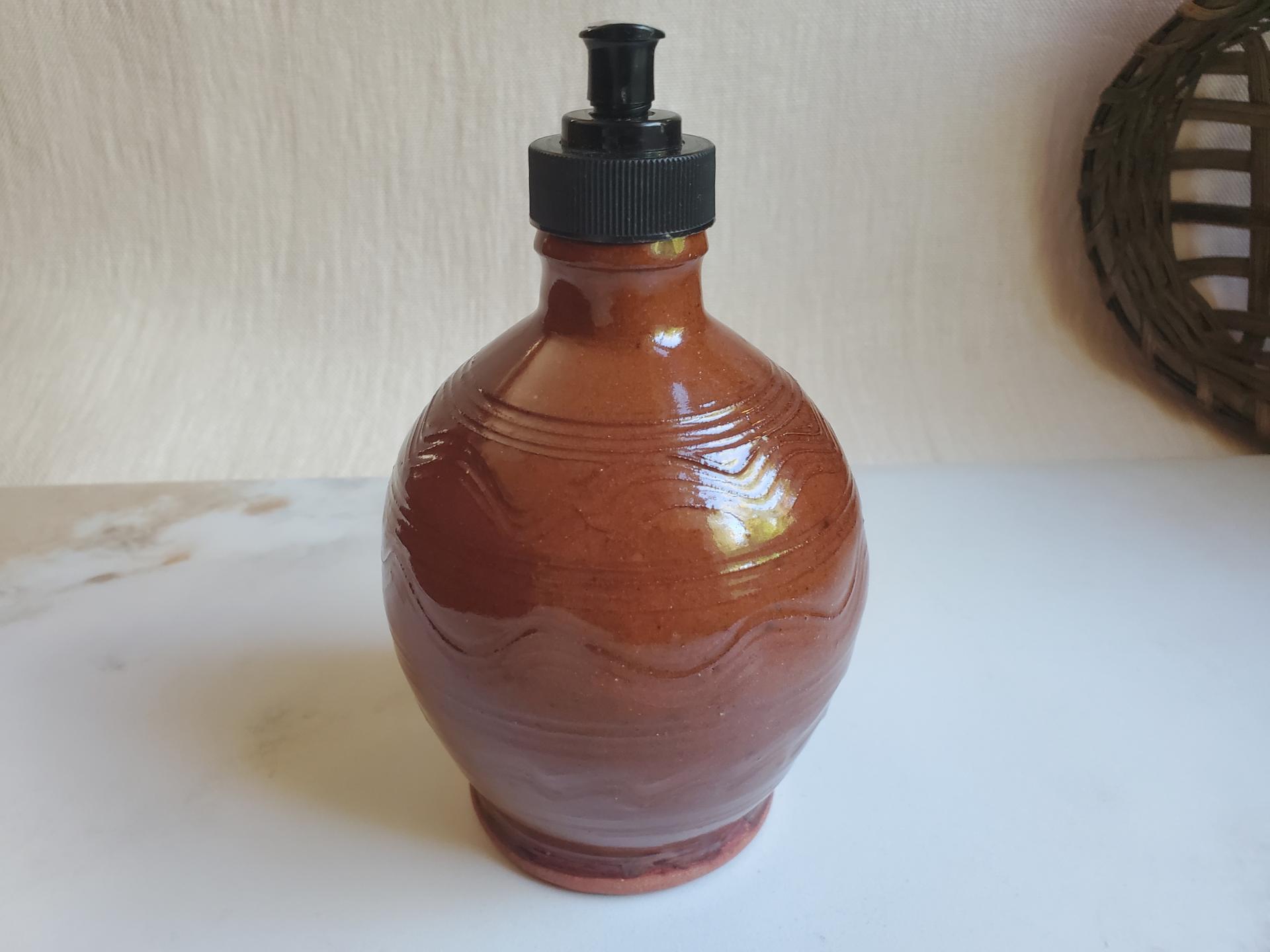 Redware Soap Dispenser, Wheel-Thrown, Antiqued, Incised Pattern