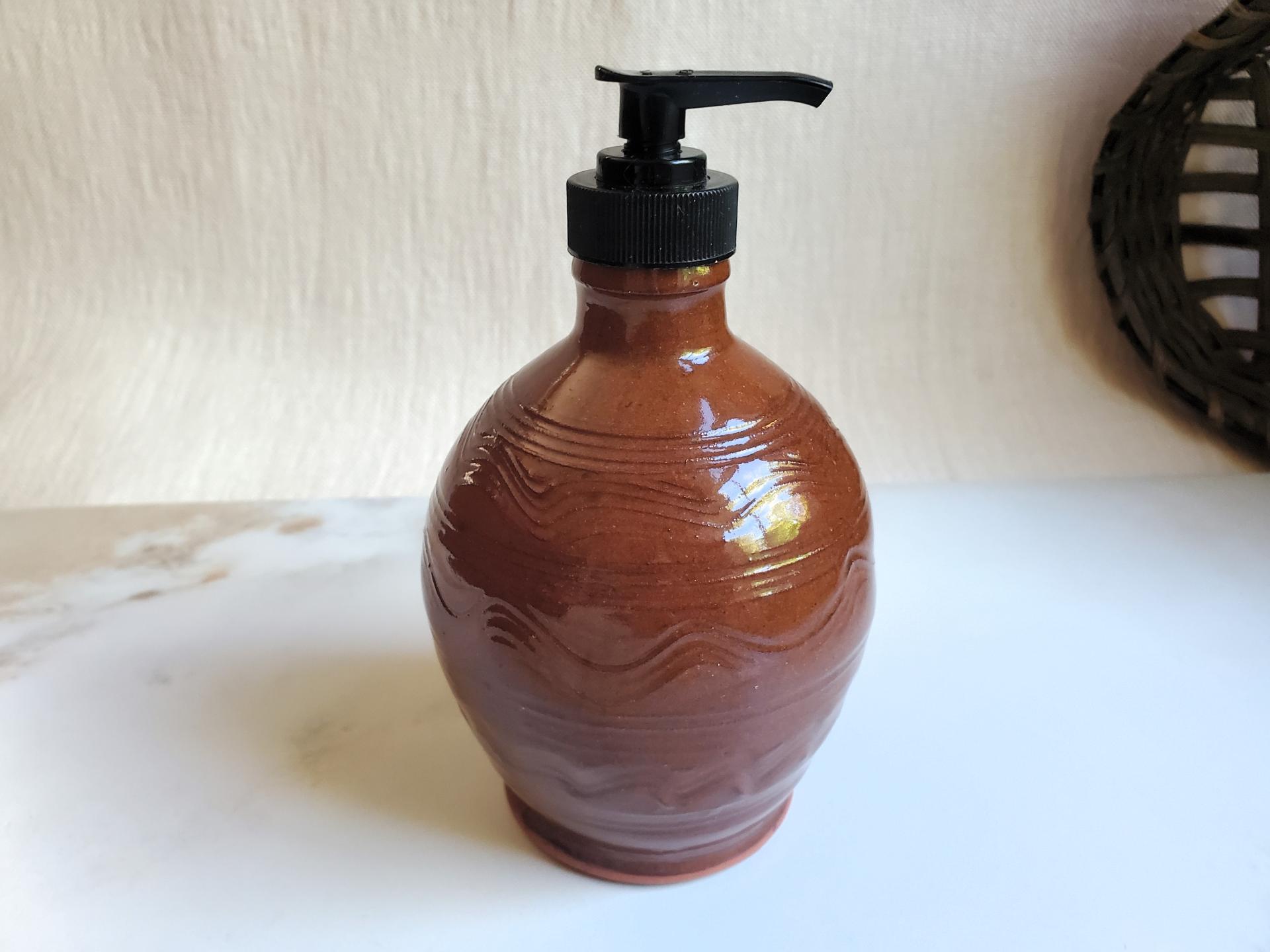 Redware Soap Dispenser, Wheel-Thrown, Antiqued, Incised Pattern