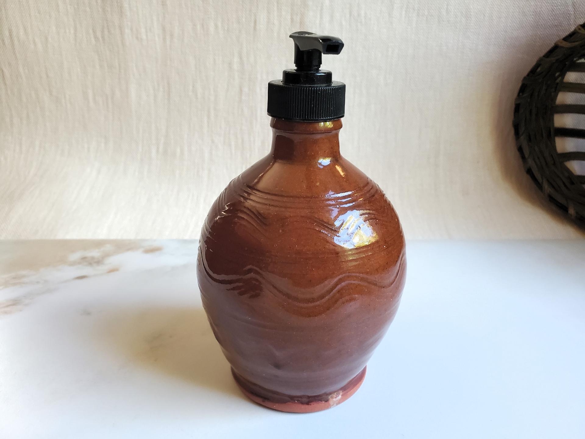 Redware Soap Dispenser, Wheel-Thrown, Antiqued, Incised Pattern