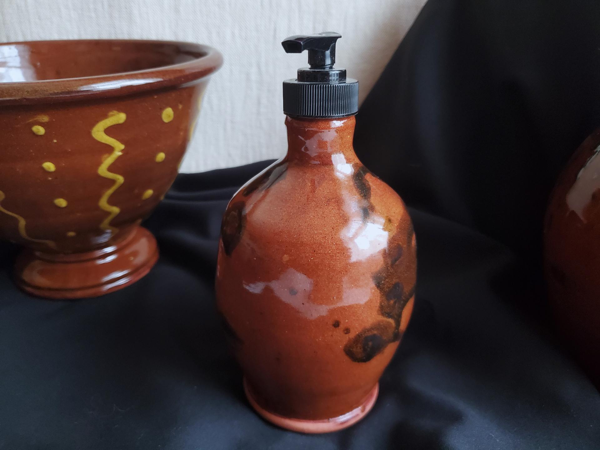 Redware Soap/Lotion Pump Dispenser, Handmade by Pied Potter Hamelin, Featuring Dapples