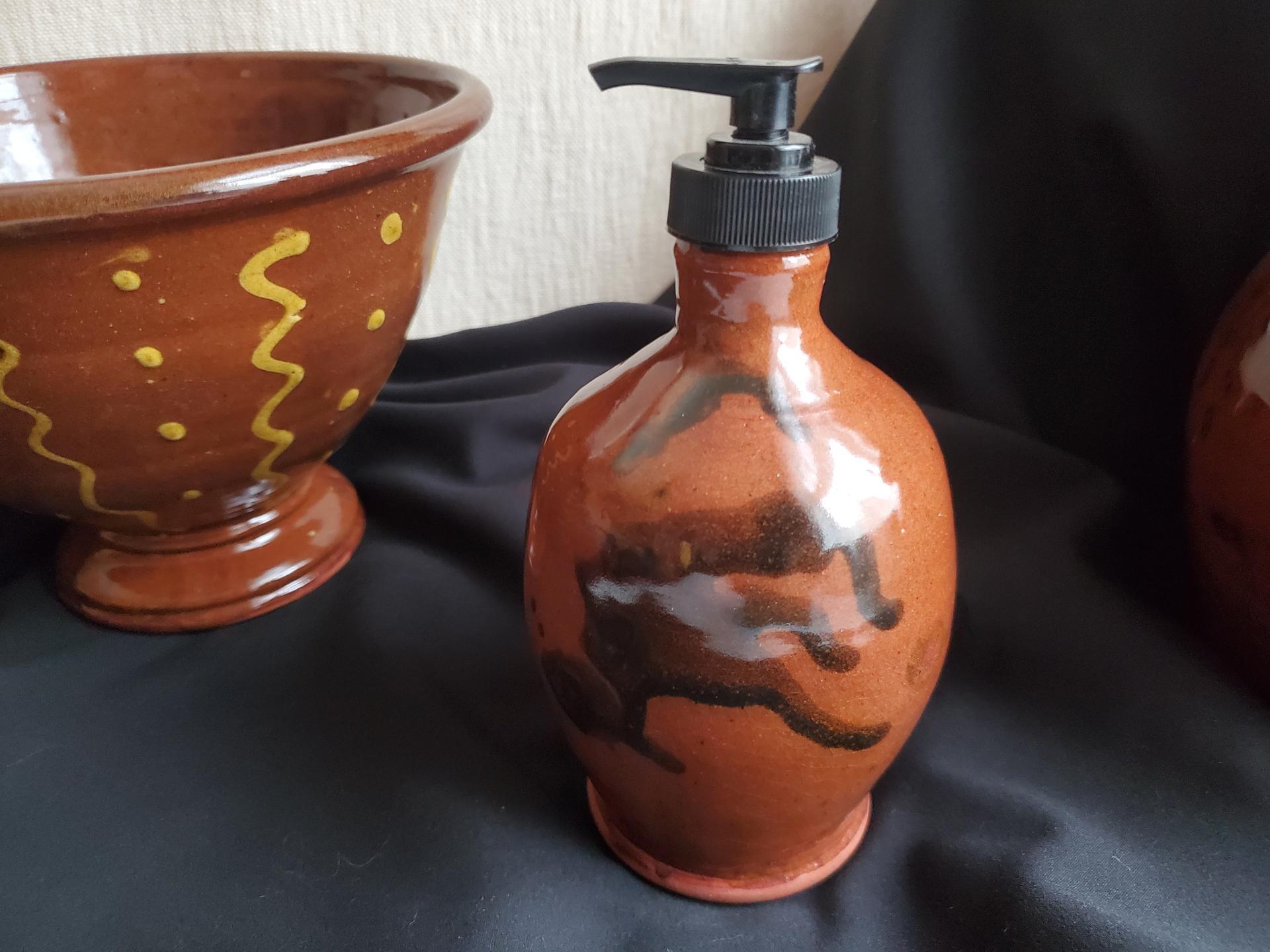 Redware Soap/Lotion Pump Dispenser, Handmade by Pied Potter Hamelin, Featuring Dapples