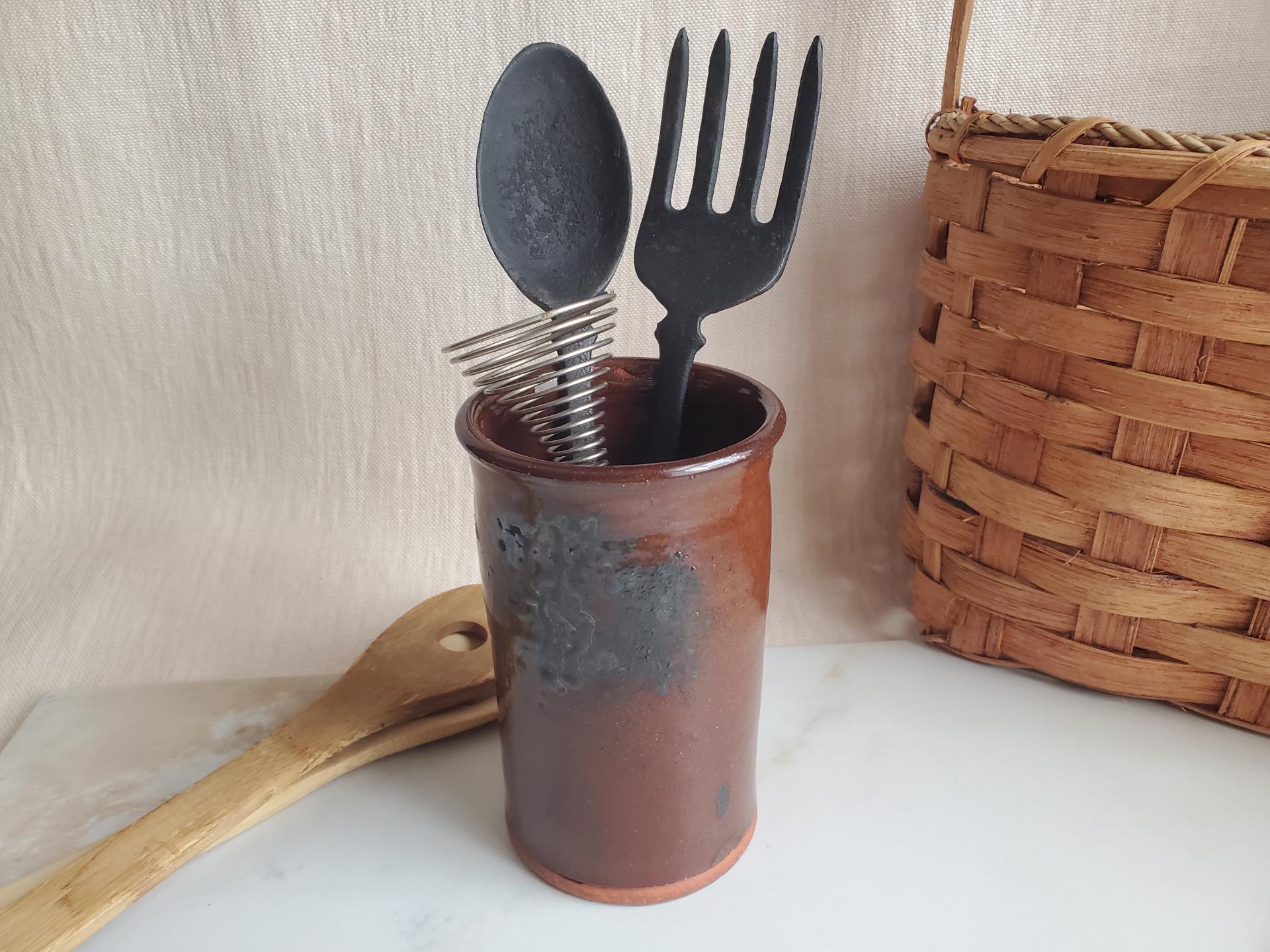 Redware Utensil Storage Jar with Spangles, Wheel Thrown Pottery