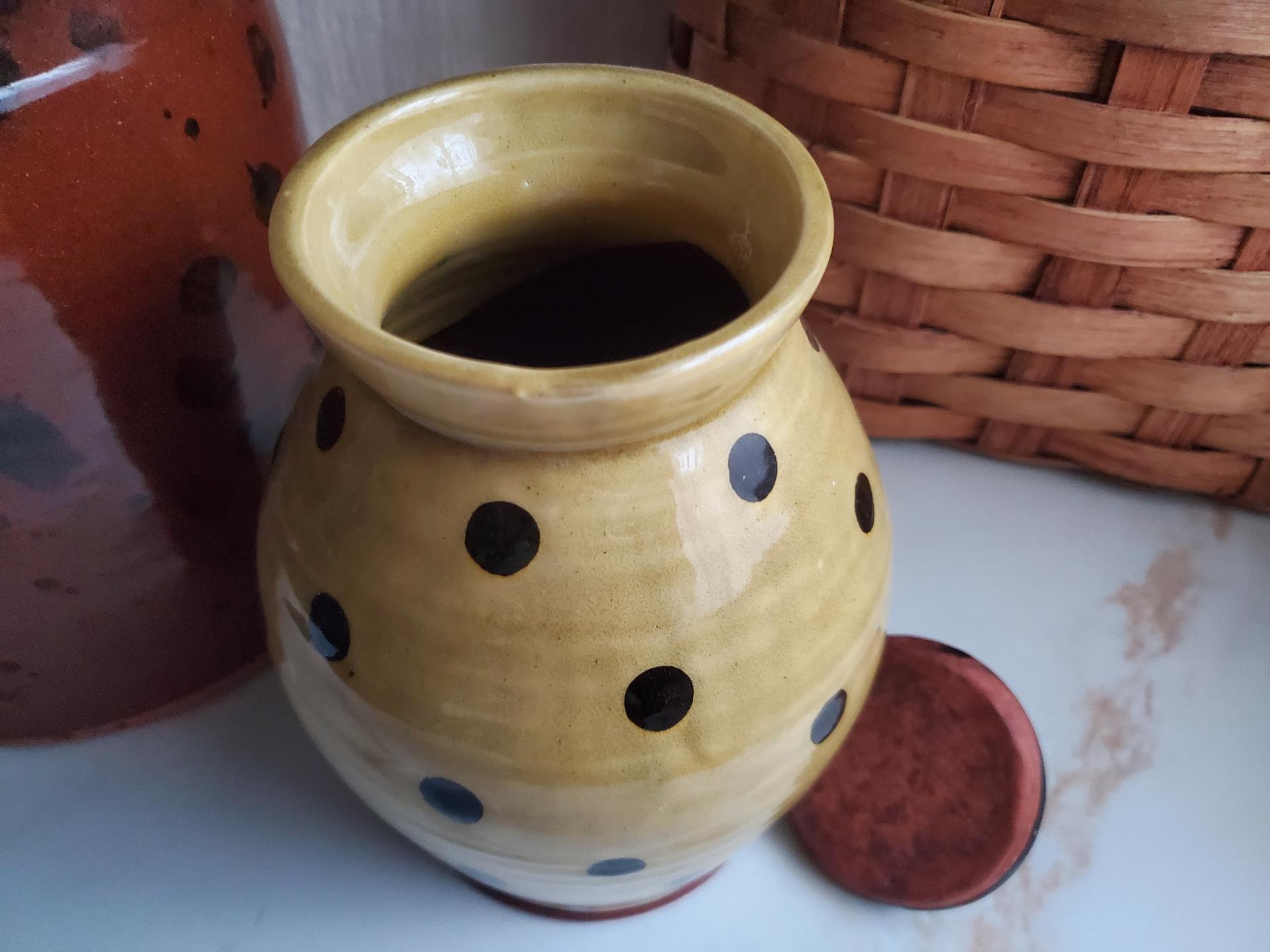 Ovoid Redware 8 inch Jar with Black Dots, Wheel Thrown Pottery