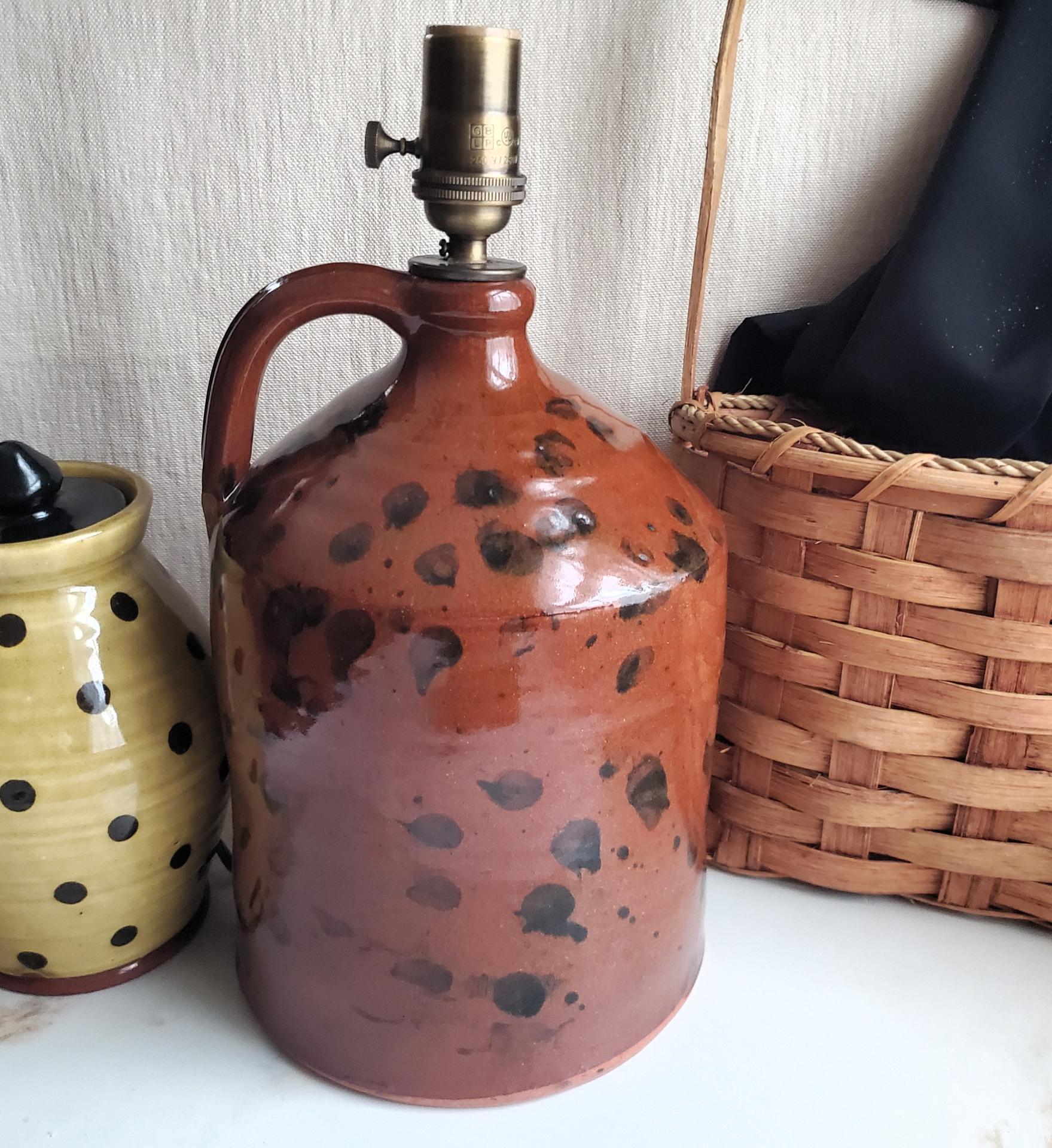 Redware Table Lamp with Black Dapples, Handmade by Pied Potter Hamelin