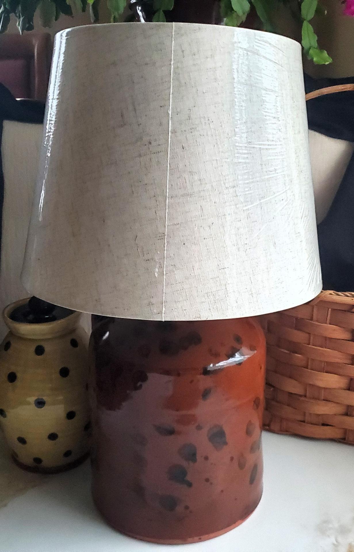 Redware Table Lamp with Black Dapples, Handmade by Pied Potter Hamelin