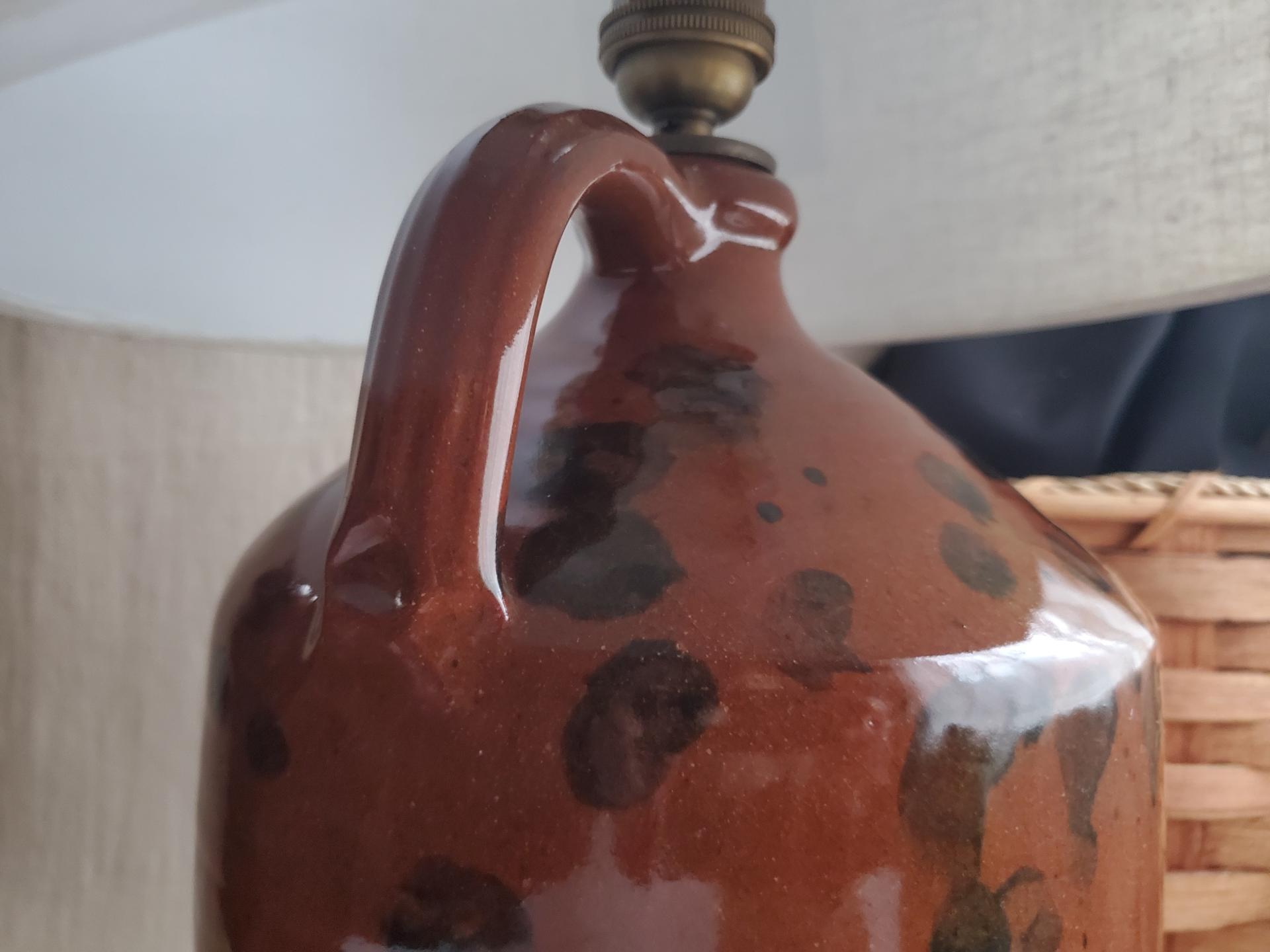 Redware Table Lamp with Black Dapples, Handmade by Pied Potter Hamelin