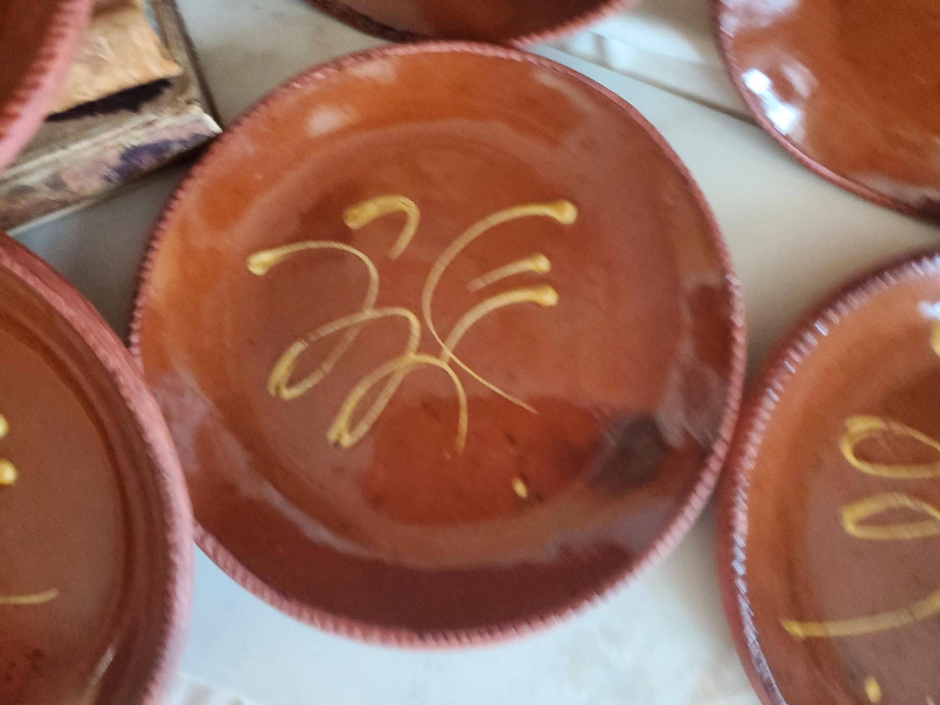 6 Redware 9 in. Plates with "Feather" Golden Slip Motif, Food Safe, Antiqued