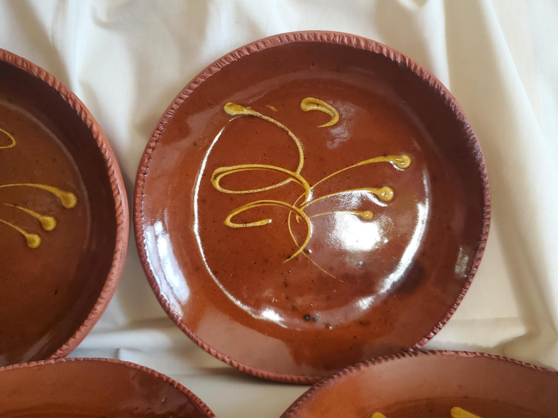 6 Redware 9 in. Plates with "Feather" Golden Slip Motif, Food Safe, Antiqued