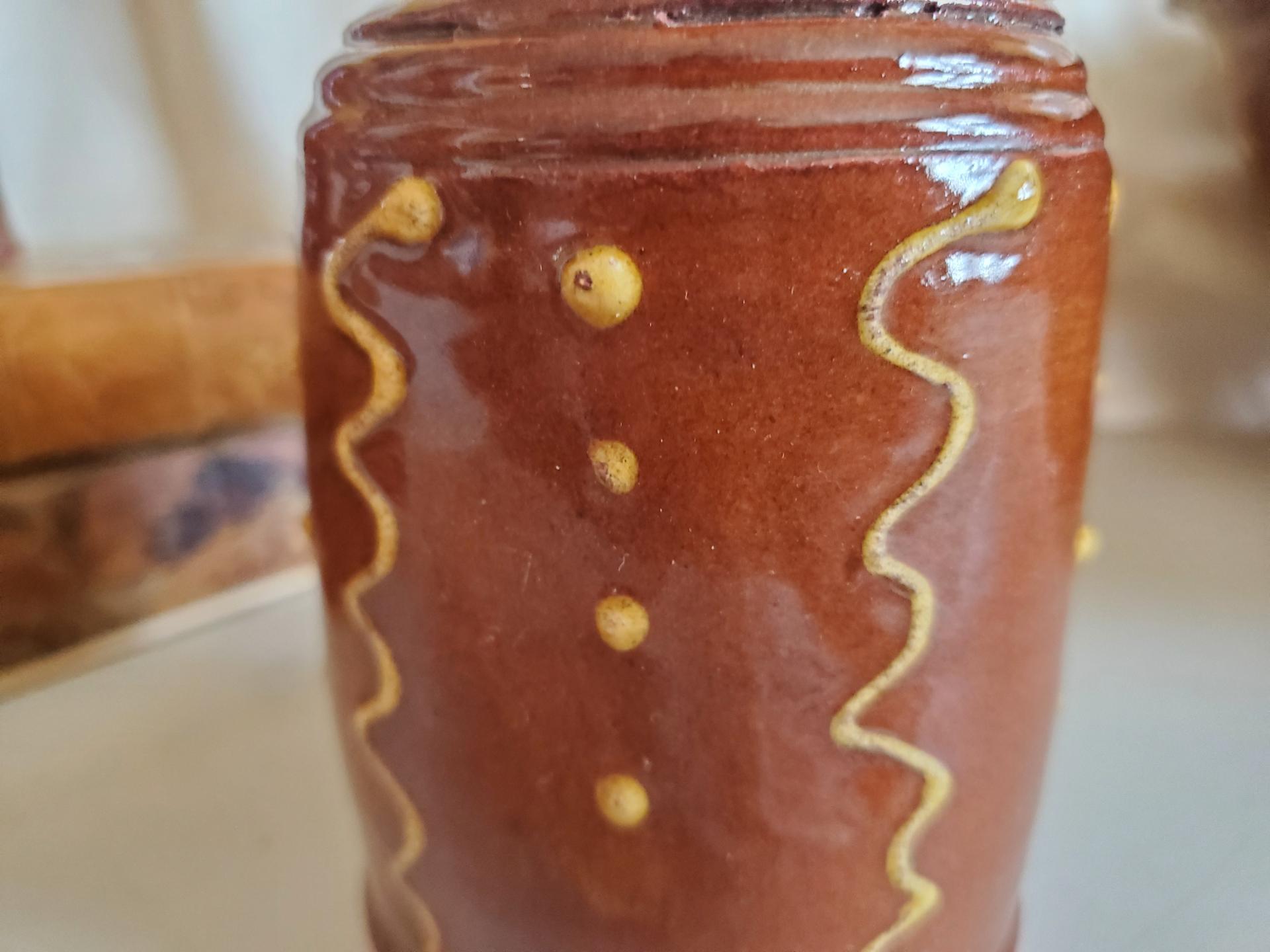 Redware Soap or Lotion Dispenser Bottle with Squiggles and Dots (b)