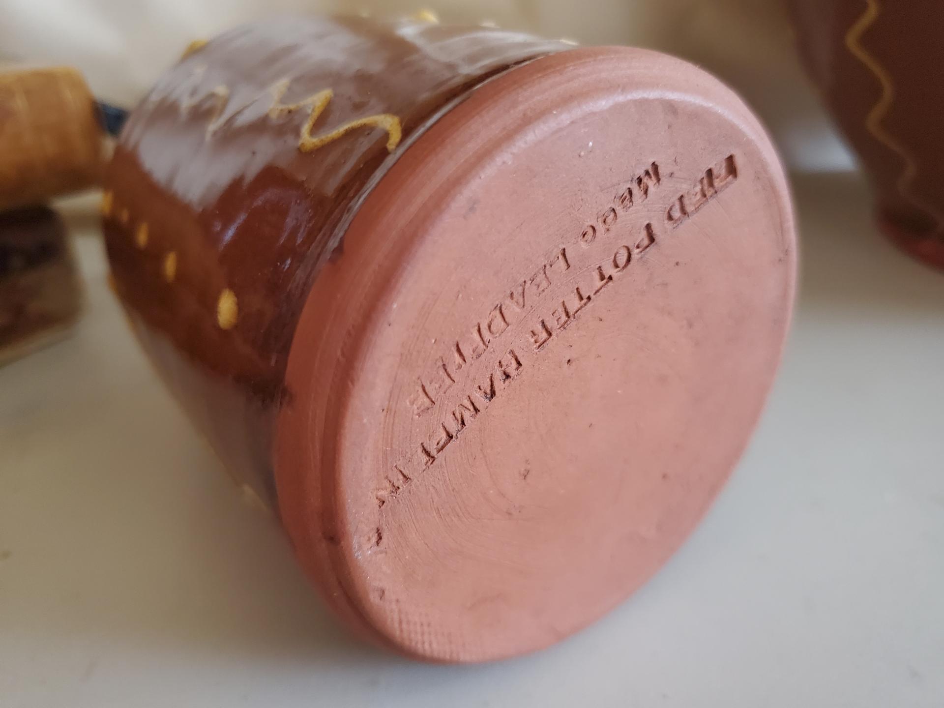 Redware Soap or Lotion Dispenser Bottle with Squiggles and Dots (b)