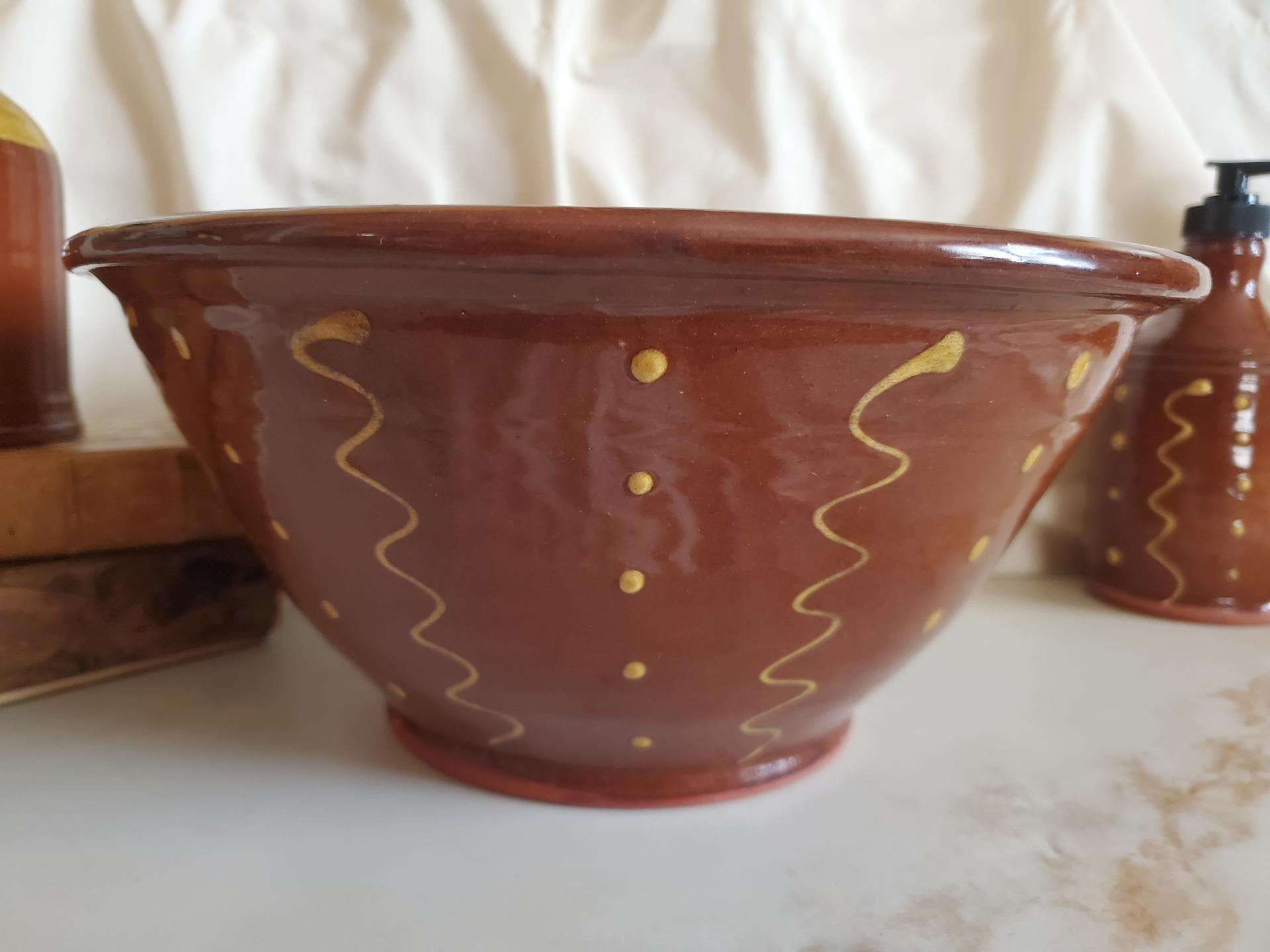 Large Redware 11 inch Bowl with Squiggles and Dots Pattern