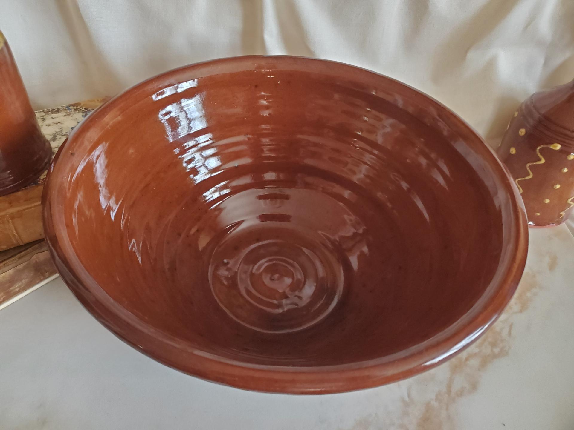 Large Redware 11 inch Bowl with Squiggles and Dots Pattern
