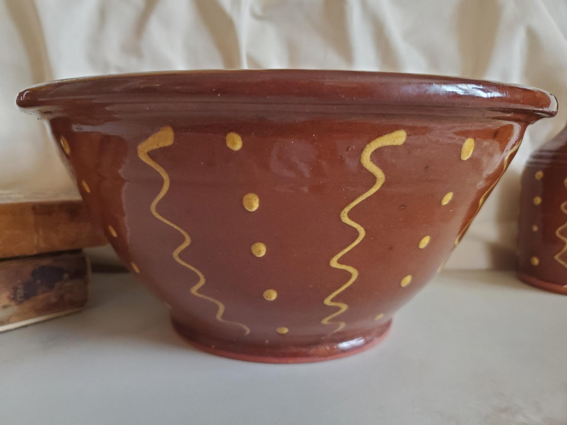 Large Redware 11 inch Bowl with Squiggles and Dots Pattern