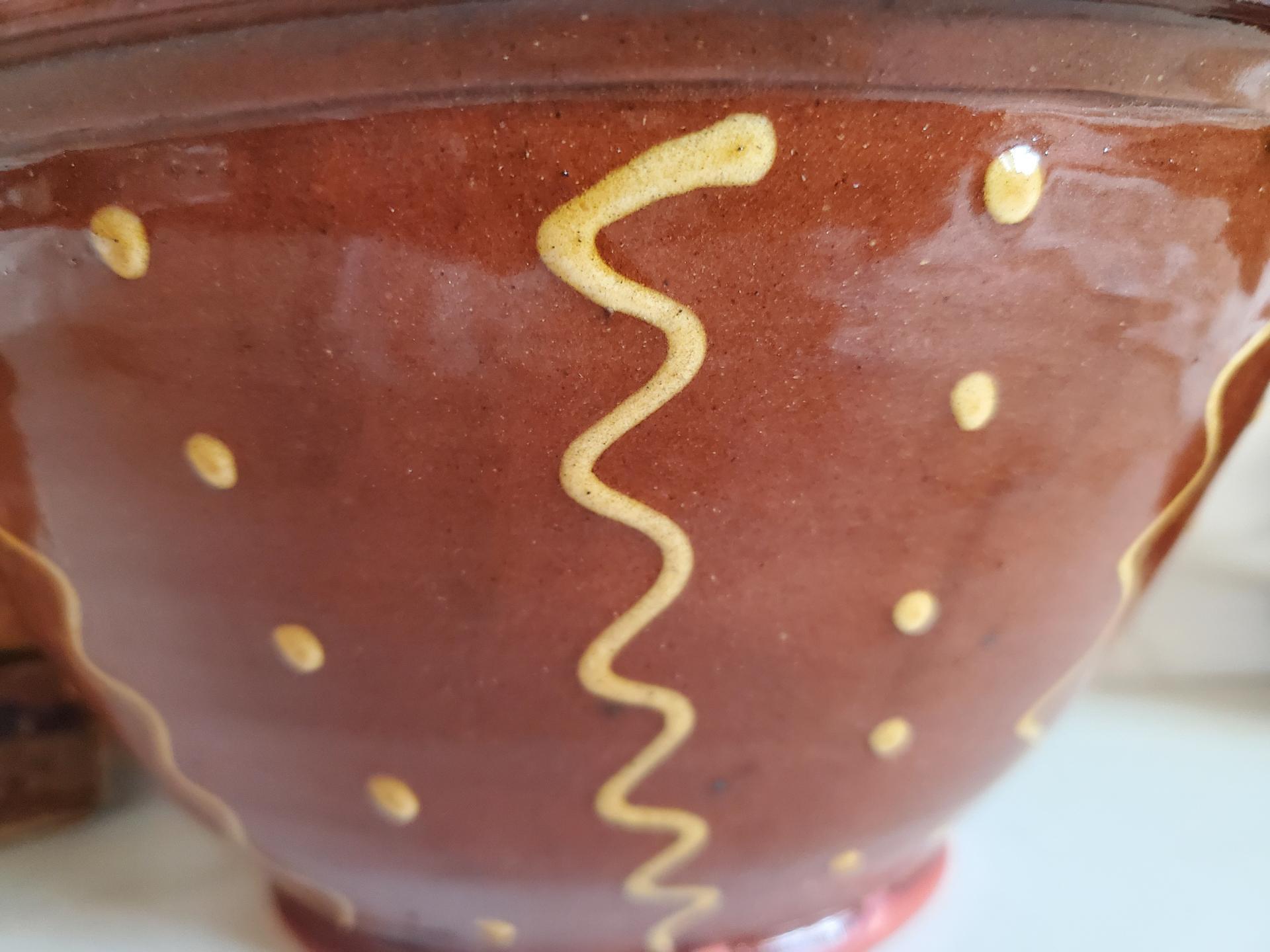 Large Redware 11 inch Bowl with Squiggles and Dots Pattern